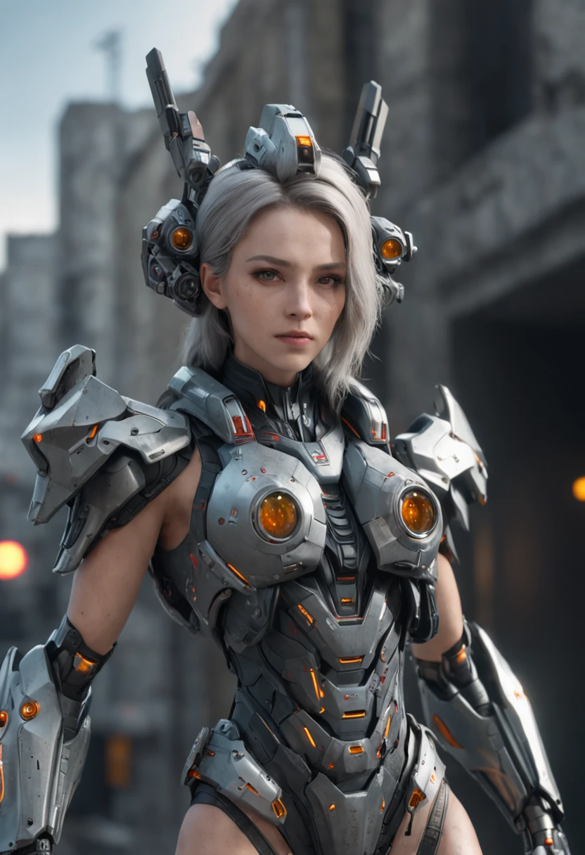((Best Quality)), ((Masterpiece)), (Very Detailed:1.3), 3D, Shitu-mecha, Beautiful cyberpunk woman wearing a crown with her mecha in ruins of a city of forgotten wars, streets with mecha in firefight, long silver hair, sci-fi technology, HDR (High Dynamic Range), ray tracing, NVIDIA RTX, super resolution, Unreal 5, subsurface scattering, PBR texture, post-processing, anisotropic filtering, depth of field, maximum sharpness and sharpness, Multi-layer textures, albedo and specular maps, surface shading, accurate simulation of light-material interactions, perfect ratios, octane rendering, duotone lighting, low ISO, white balance, rule of thirds, wide aperture, 8K RAW, efficient sub-pixels, subpixel convolution, luminous particles, light scattering, Tyndall effect