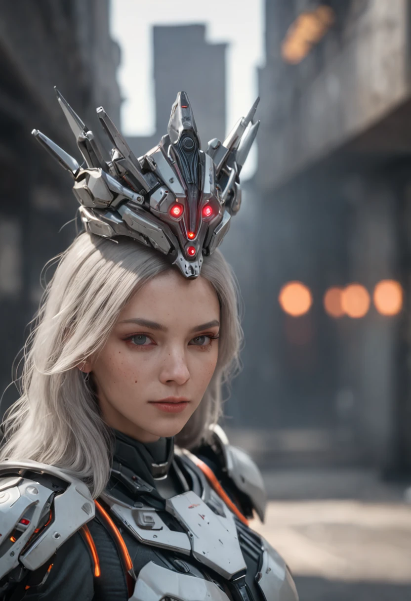 ((Best Quality)), ((Masterpiece)), (Very Detailed:1.3), 3D, Shitu-mecha, Beautiful cyberpunk woman wearing a crown with her mecha in ruins of a city of forgotten wars, streets with mecha in firefight, long silver hair, sci-fi technology, HDR (High Dynamic Range), ray tracing, NVIDIA RTX, super resolution, Unreal 5, subsurface scattering, PBR texture, post-processing, anisotropic filtering, depth of field, maximum sharpness and sharpness, Multi-layer textures, albedo and specular maps, surface shading, accurate simulation of light-material interactions, perfect ratios, octane rendering, duotone lighting, low ISO, white balance, rule of thirds, wide aperture, 8K RAW, efficient sub-pixels, subpixel convolution, luminous particles, light scattering, Tyndall effect