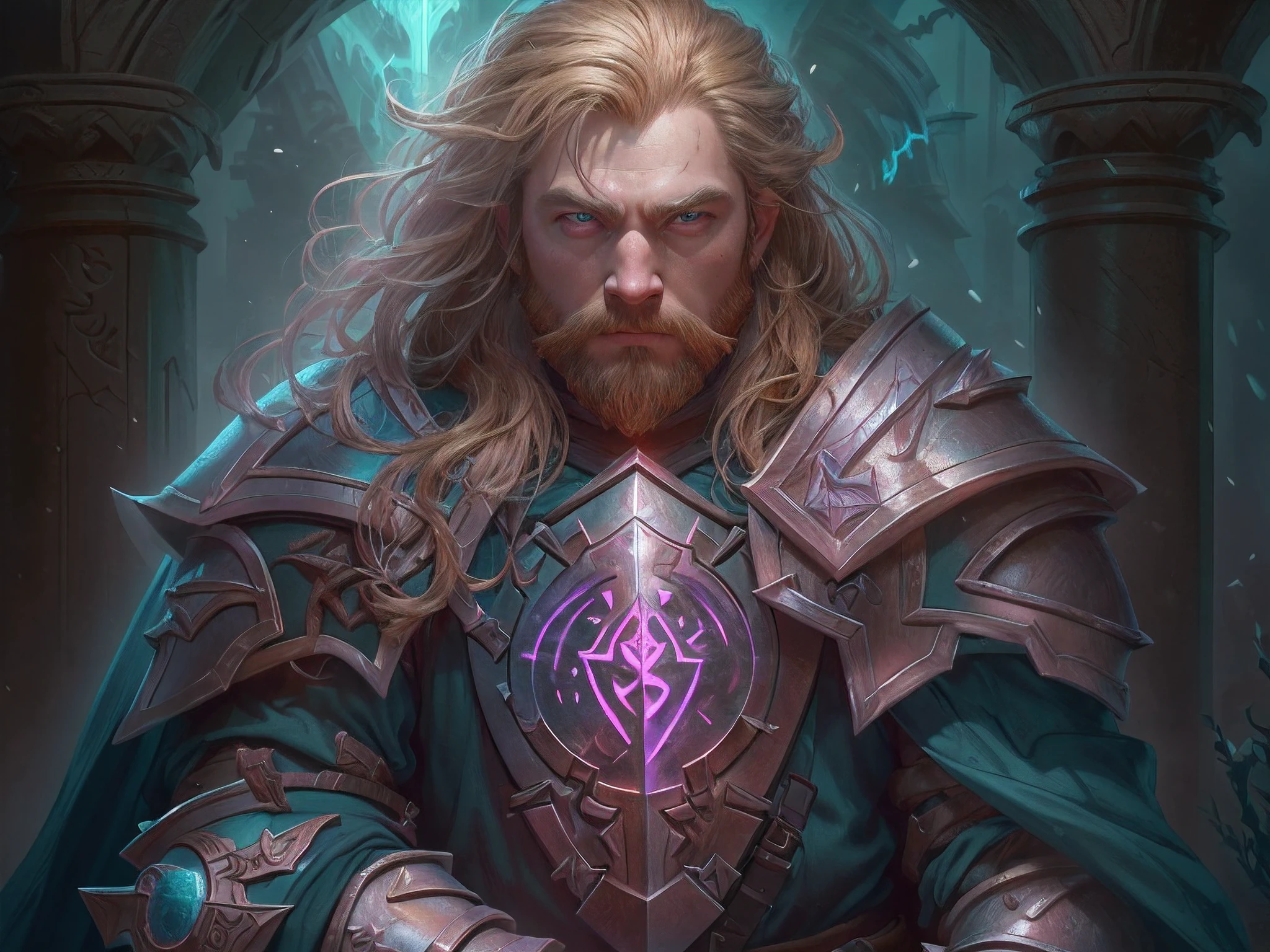a picture of dwarf paladin of the crown protecting the palace, 1male dwarf, holy knight, protector of the crown, full body (best details, Masterpiece, best quality :1.5), blond hair, long hair, blond beard, full body (best details, Masterpiece, best quality :1.5), ultra detailed face (best details, Masterpiece, best quality :1.5), muscular, blond hair, long hair, braided hair, blue eyes, intense eyes, wearying heavy armor,  white armor (best details, Masterpiece, best quality :1.5), purple cloak, flowing cloak, armed with an axe fantasyaxe axe, glowing axe, glowing runes on axe, GlowingRunes_purple,  fantasy palace background, D&D art, RPG art, magical atmosphere magic-fantasy-forest, ultra best realistic, best details, best quality, 16k, [ultra detailed], masterpiece, best quality, (extremely detailed), ultra wide shot, photorealism, depth of field, hyper realistic painting, 3D rendering