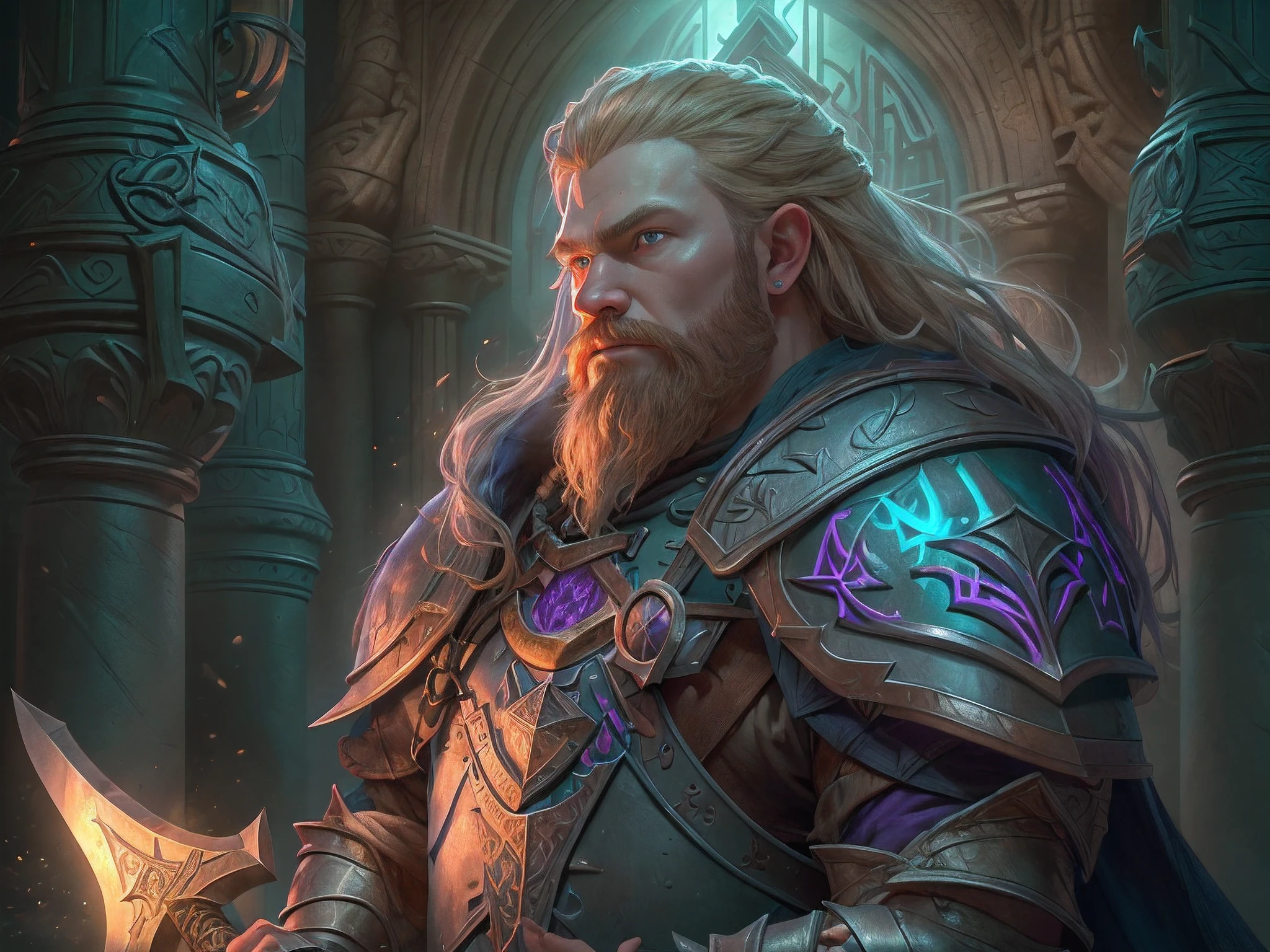 a picture of dwarf paladin of the crown protecting the palace, 1male dwarf, holy knight, protector of the crown, full body (best details, Masterpiece, best quality :1.5), blond hair, long hair, blond beard, full body (best details, Masterpiece, best quality :1.5), ultra detailed face (best details, Masterpiece, best quality :1.5), muscular, blond hair, long hair, braided hair, blue eyes, intense eyes, wearying heavy armor,  white armor (best details, Masterpiece, best quality :1.5), purple cloak, flowing cloak, armed with an axe fantasyaxe axe, glowing axe, glowing runes on axe, GlowingRunes_purple,  fantasy palace background, D&D art, RPG art, magical atmosphere magic-fantasy-forest, ultra best realistic, best details, best quality, 16k, [ultra detailed], masterpiece, best quality, (extremely detailed), ultra wide shot, photorealism, depth of field, hyper realistic painting, 3D rendering