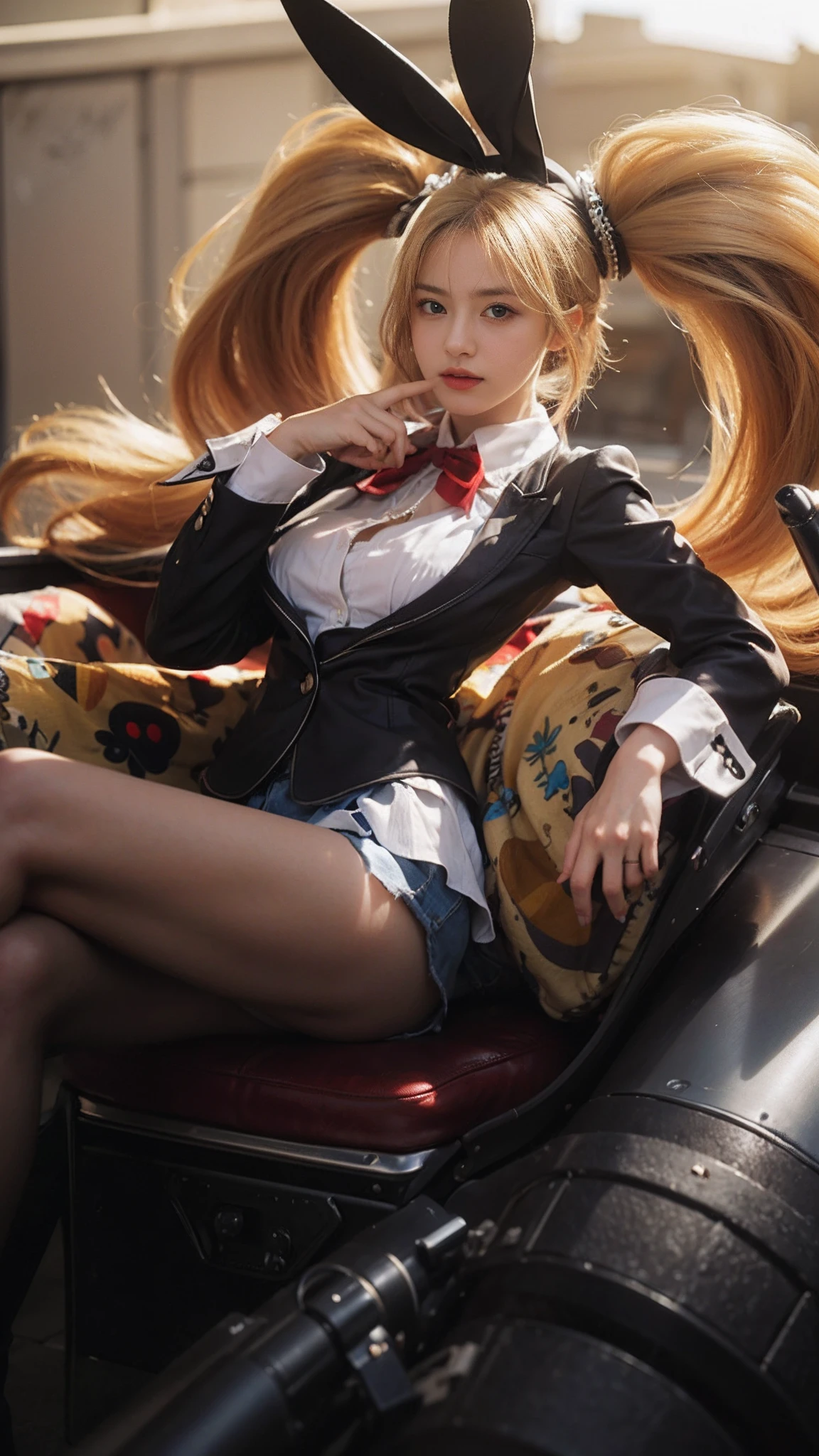 Best quality, masterpiece, ultra high res, (photorealistic:1.4), 1girl wearing a bunny hat, smiling, close lips, blue eyes, two side tail blonde hair, professional lightning, sharp focus, deep shadow, (extremely detailed CG unity 4k fhd wallpaper), 8k. 