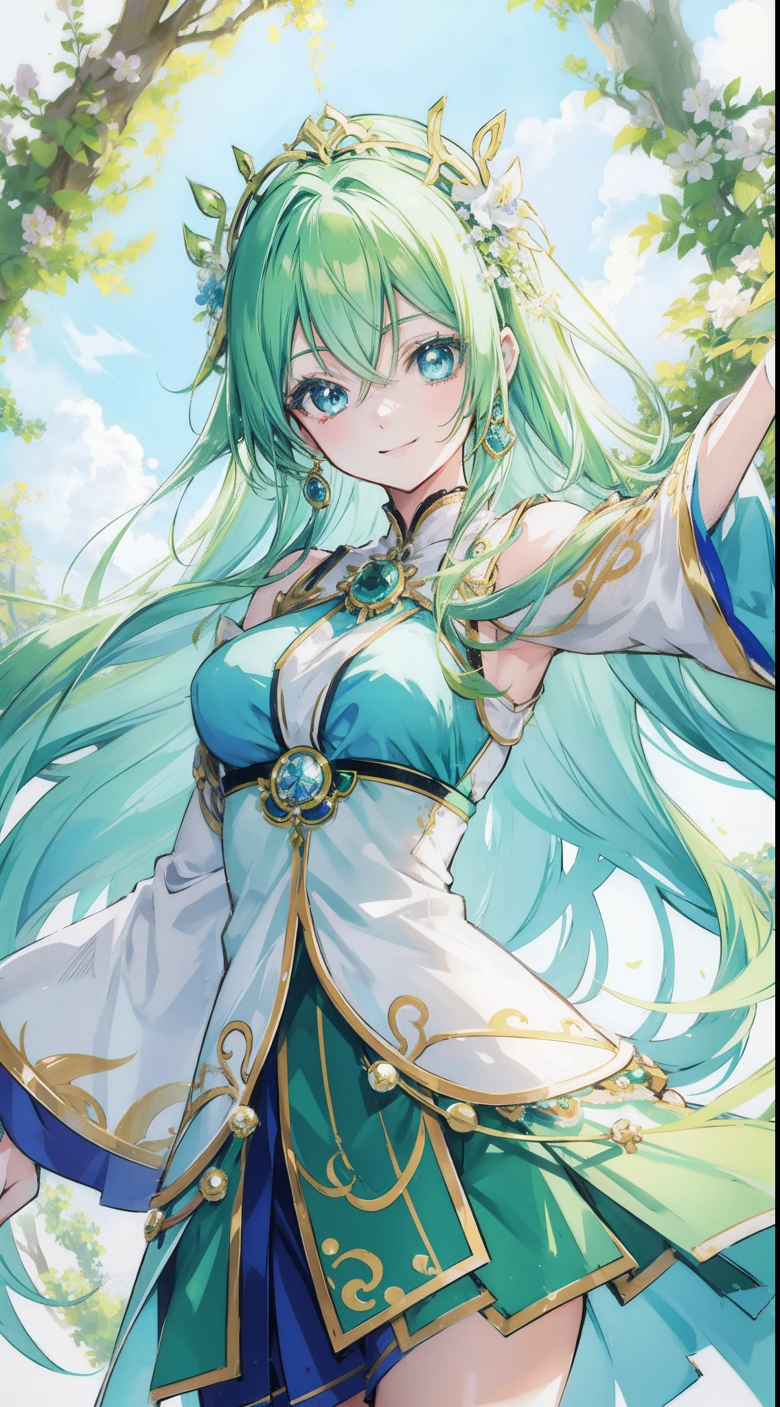 Anime goddess, green-vibrant hair, charming blue eyes, smiles gracefully and uniquely, looks like an anime-artsyle tarot card.