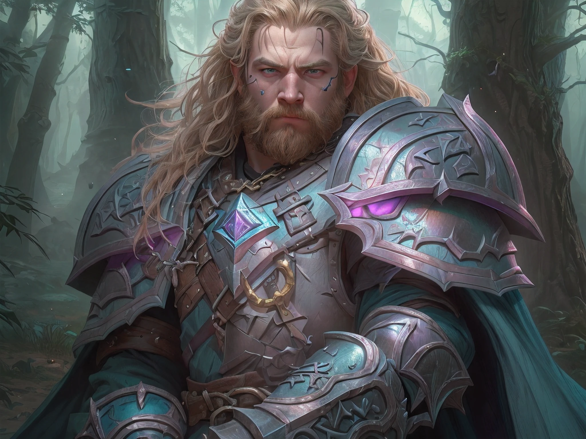 a picture of dwarf paladin of the crown protecting the palace, 1male dwarf, holy knight, protector of the crown, full body (best details, Masterpiece, best quality :1.5), blond hair, long hair, blond beard, full body (best details, Masterpiece, best quality :1.5), ultra detailed face (best details, Masterpiece, best quality :1.5), muscular, blond hair, long hair, braided hair, blue eyes, intense eyes, wearying heavy armor,  white armor (best details, Masterpiece, best quality :1.5), purple cloak, flowing cloak, armed with an axe fantasyaxe axe, glowing axe, glowing runes on axe, GlowingRunes_purple,  fantasy palace background, D&D art, RPG art, magical atmosphere magic-fantasy-forest, ultra best realistic, best details, best quality, 16k, [ultra detailed], masterpiece, best quality, (extremely detailed), ultra wide shot, photorealism, depth of field, hyper realistic painting, 3D rendering
