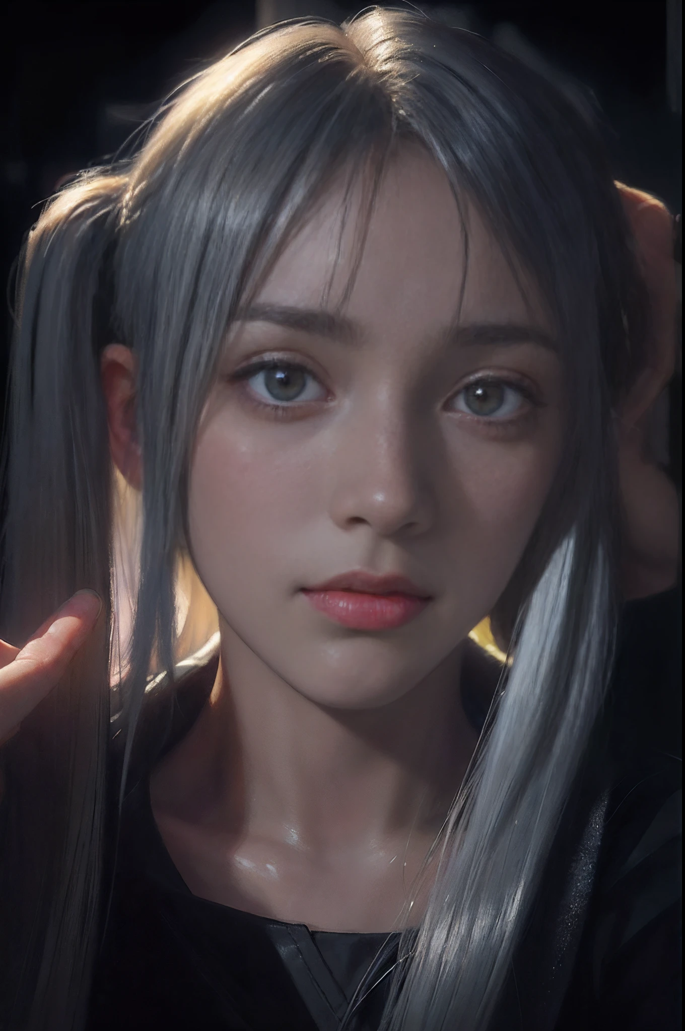 (front focus), (in the dark:1.6), Hyperrealist portrait of female by david hockney and alphonse mucha, fantasy art, photo realistic, dynamic lighting, artstation, poster, volumetric lighting, very detailed faces, 4 k, award winning, 1girl, in the dark, deep shadow, low key, cowboy shot, (official clothing:1.4), long hair, white hair