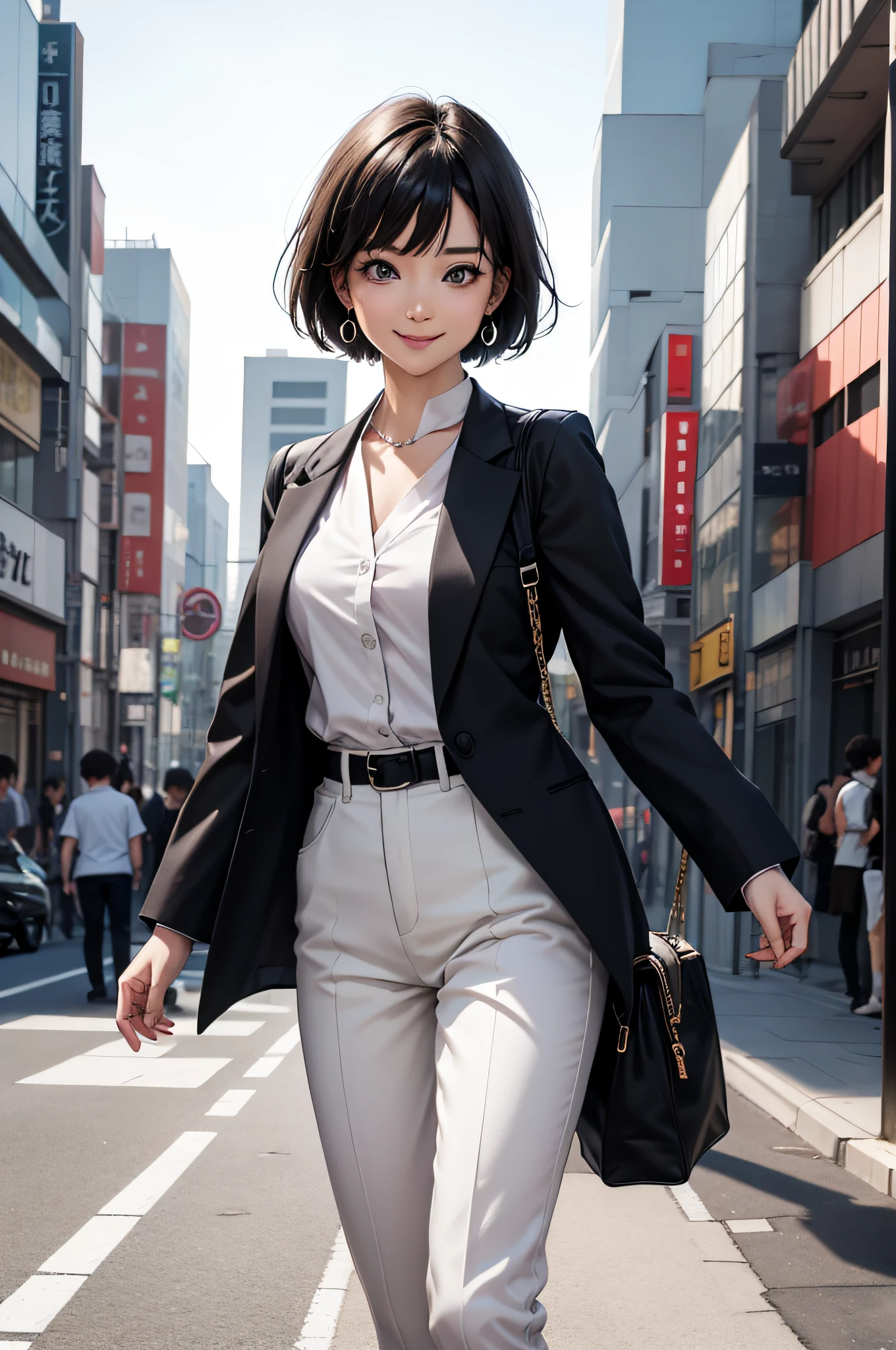 videl from dragon ball anime, short hair, black hair, blue eyes, beautiful, beautiful woman, perfect body, perfect breasts, wears a white formal shirt, black blazer, black trousers, carries a bag, wears a watch, wears earrings, in public, being in tokyo city, being on the street, looking at the viewer, a little smile, realism, masterpiece, textured skin, super detailed, high detail, high quality, best quality, 1080p, 16k