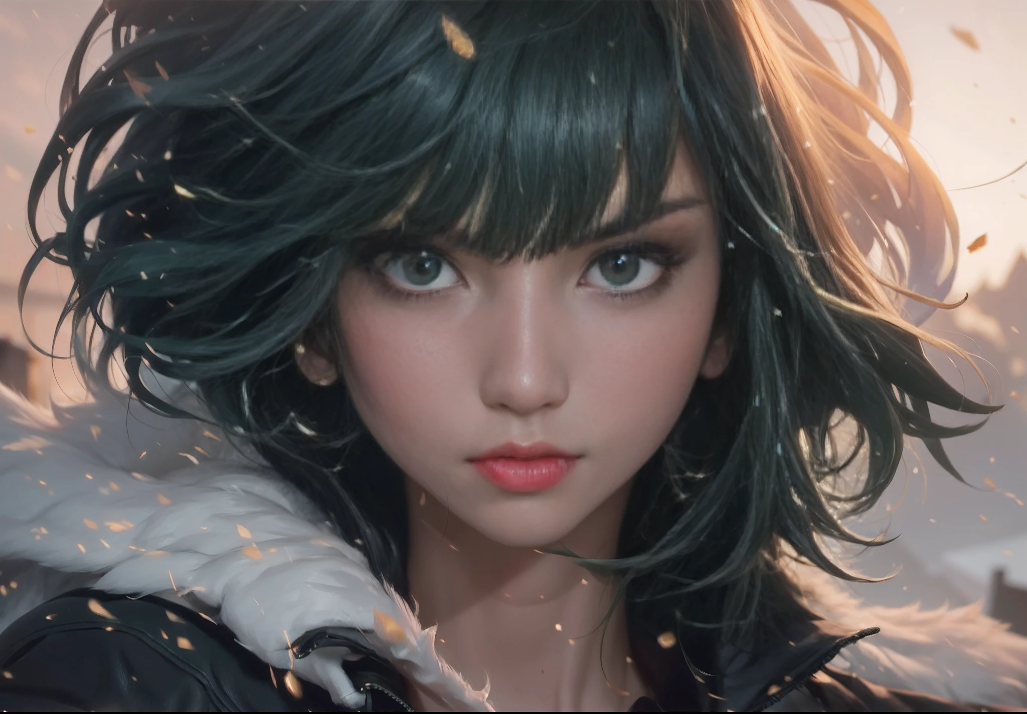 , (black hair, long hair:1.5), yellow eyes, 1girl, choker, black_choker, solo, breasts, blurry, cleavage, lips, looking_at_viewer, glasses, parted_lips, upper_body, collarbone, depth_of_field, eyelashes, water drop, highres, best quality, detailed, sharpness, (sweating:1.7),