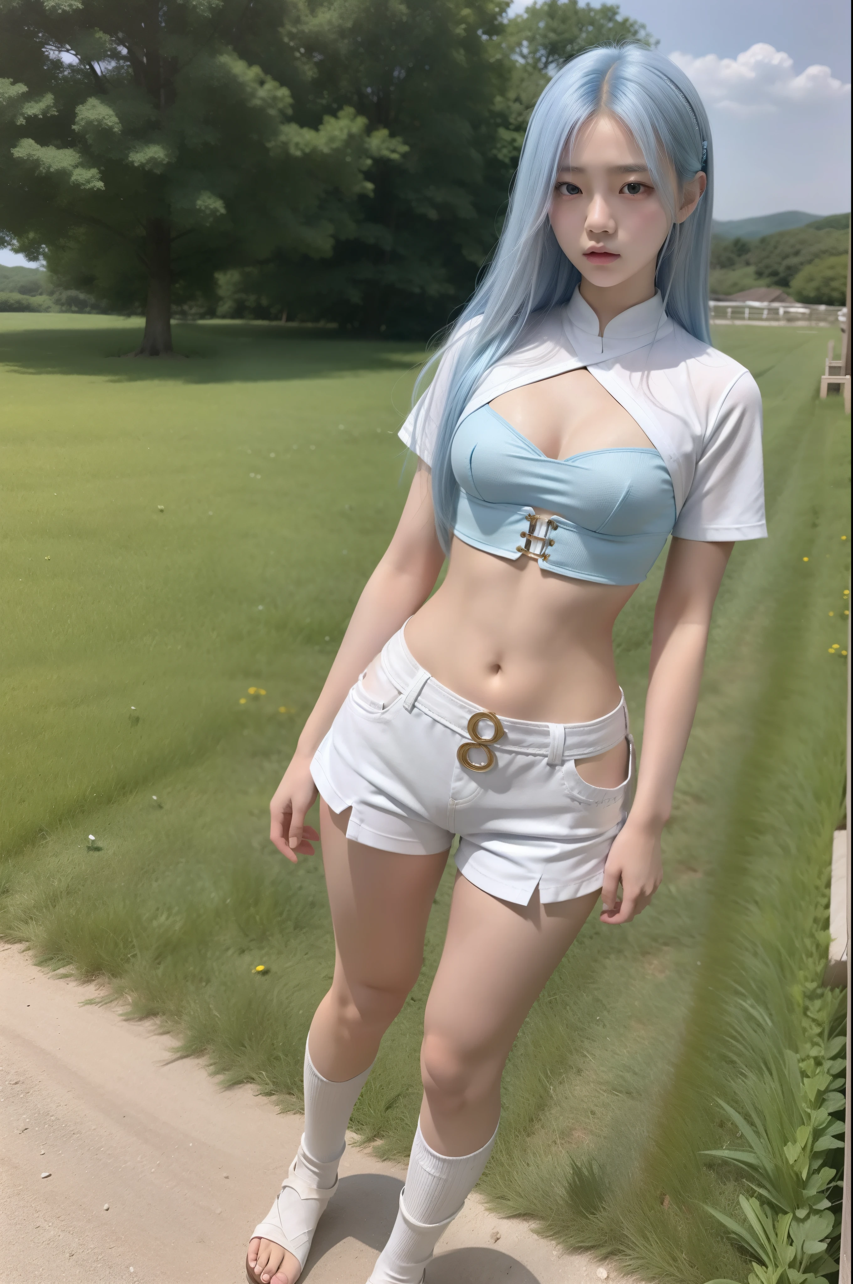 full body, A korean young girl in a fantasy world, yo, 15orean young girl is in a field, fantasy field, small breast, petite figure, long light blue hair, tight white armor that expose midriff, midriff exposed, white shorts, small tits, ((thin-waist)), a small face