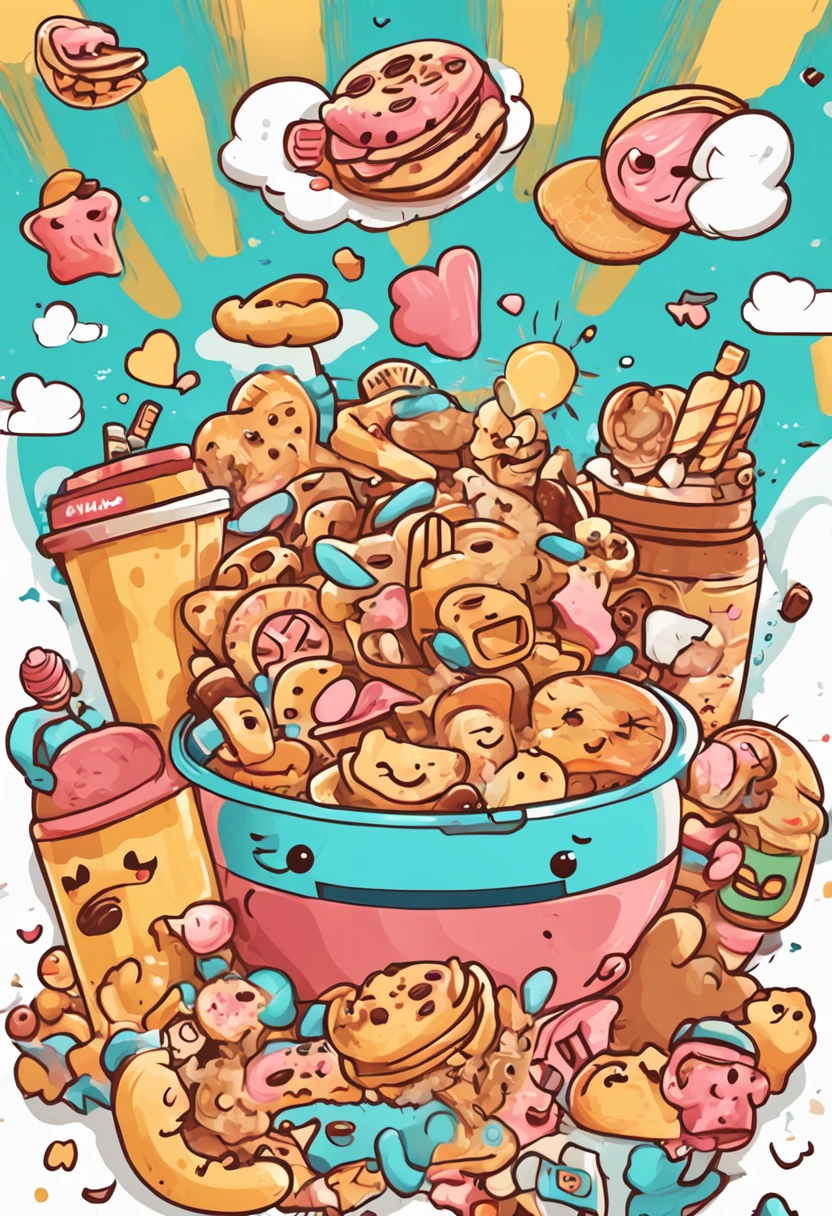 The style adopts the drawing technique of the cartoon Q version,The shades are bright。In the center of the picture is the image of a foodie with a head shaped like a snack,Such as cookies、Bubble gum and other snacks are combined,With cute human faces。Its expression is exaggerated and cute,The wide open mouth can see the inside scene of snack filling。A variety of snacks are dotted around,Such as potato chips、Confectionery、Chocolate, etc。The whole picture is vividly colored,The text is in cute fonts。Foodies and snacks come together,Fun and engaging。The whole pattern highlights the concept of "snack foodie",Both cute and creative,Suitable as a business logo and brand identity。Targeting the youth market,Convey refinement、novel、Fun brand image。