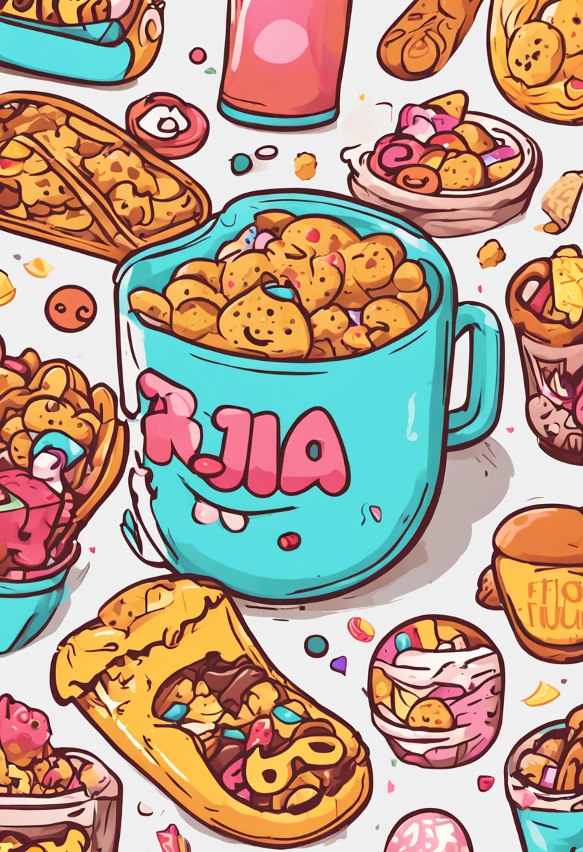 The style adopts the drawing technique of the cartoon Q version,The shades are bright。In the center of the picture is the image of a foodie with a head shaped like a snack,Such as cookies、Bubble gum and other snacks are combined,With cute human faces。Its expression is exaggerated and cute,The wide open mouth can see the inside scene of snack filling。A variety of snacks are dotted around,Such as potato chips、Confectionery、Chocolate, etc。The whole picture is vividly colored,The text is in cute fonts。Foodies and snacks come together,Fun and engaging。The whole pattern highlights the concept of "snack foodie",Both cute and creative,Suitable as a business logo and brand identity。Targeting the youth market,Convey refinement、novel、Fun brand image。