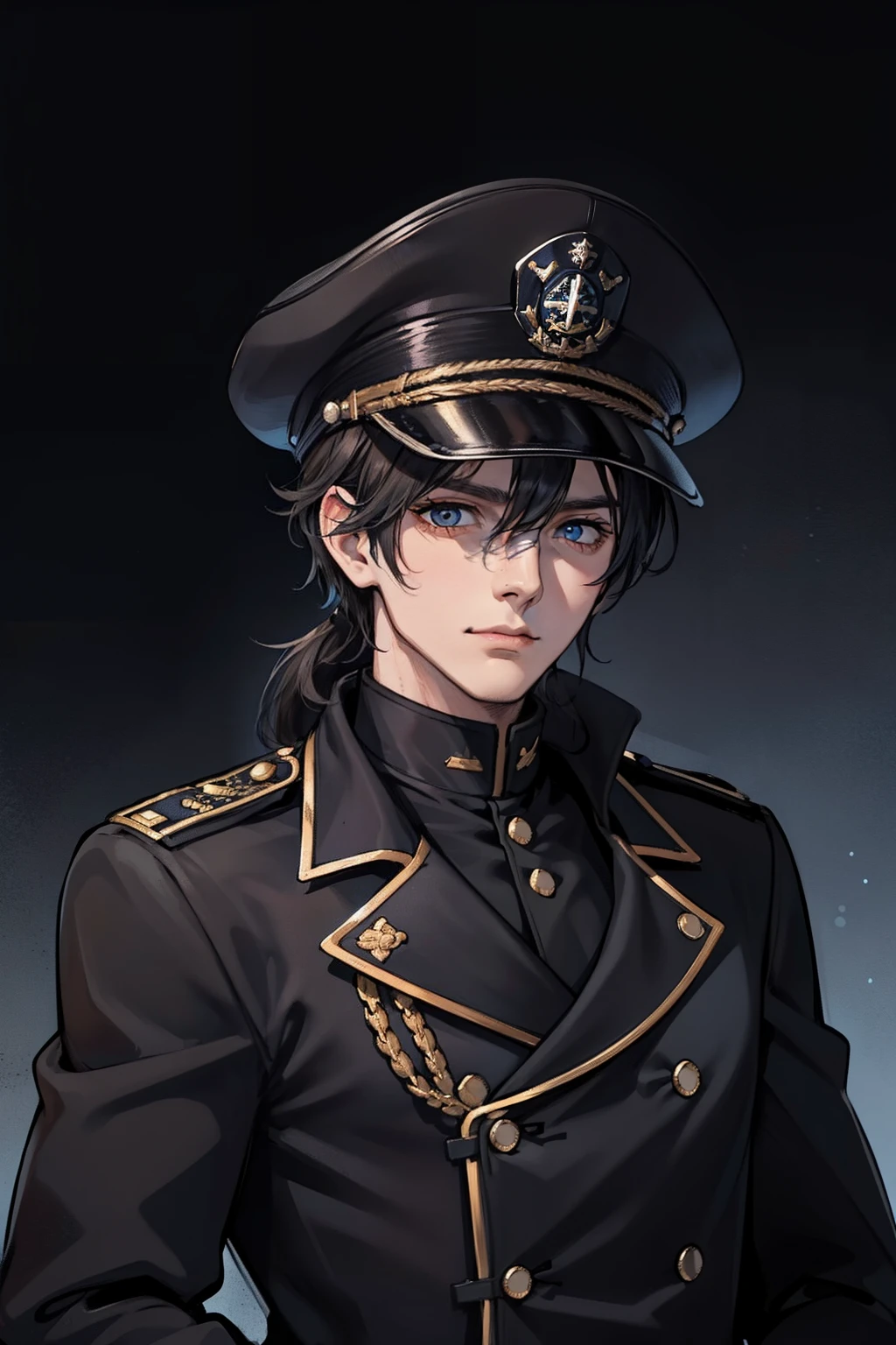 He had Dark hair , blue eyes , He had medium build , He was wearing A german style black Marshall unifrom ,a german style black Marshall Cap , standing strong as his arms at his back