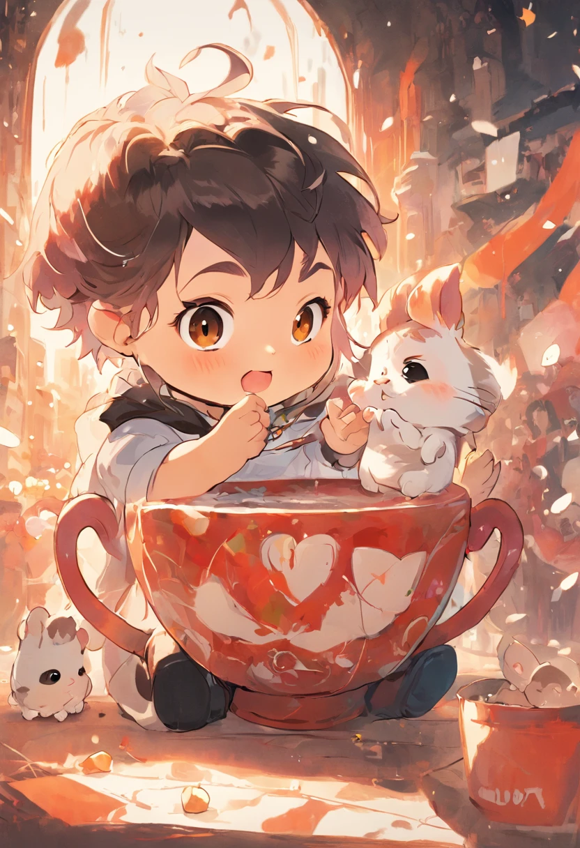 ((One hamster in one empty coffee cup)) ((Super masterpiece, of the highest quality, super detailed, Chibi: 1.5)), ((Big glasses)), (Cute cartoon-like characters),Create a featured illustration, Beloved characters, Detailed written face, (Chibi: 1.4), 8K