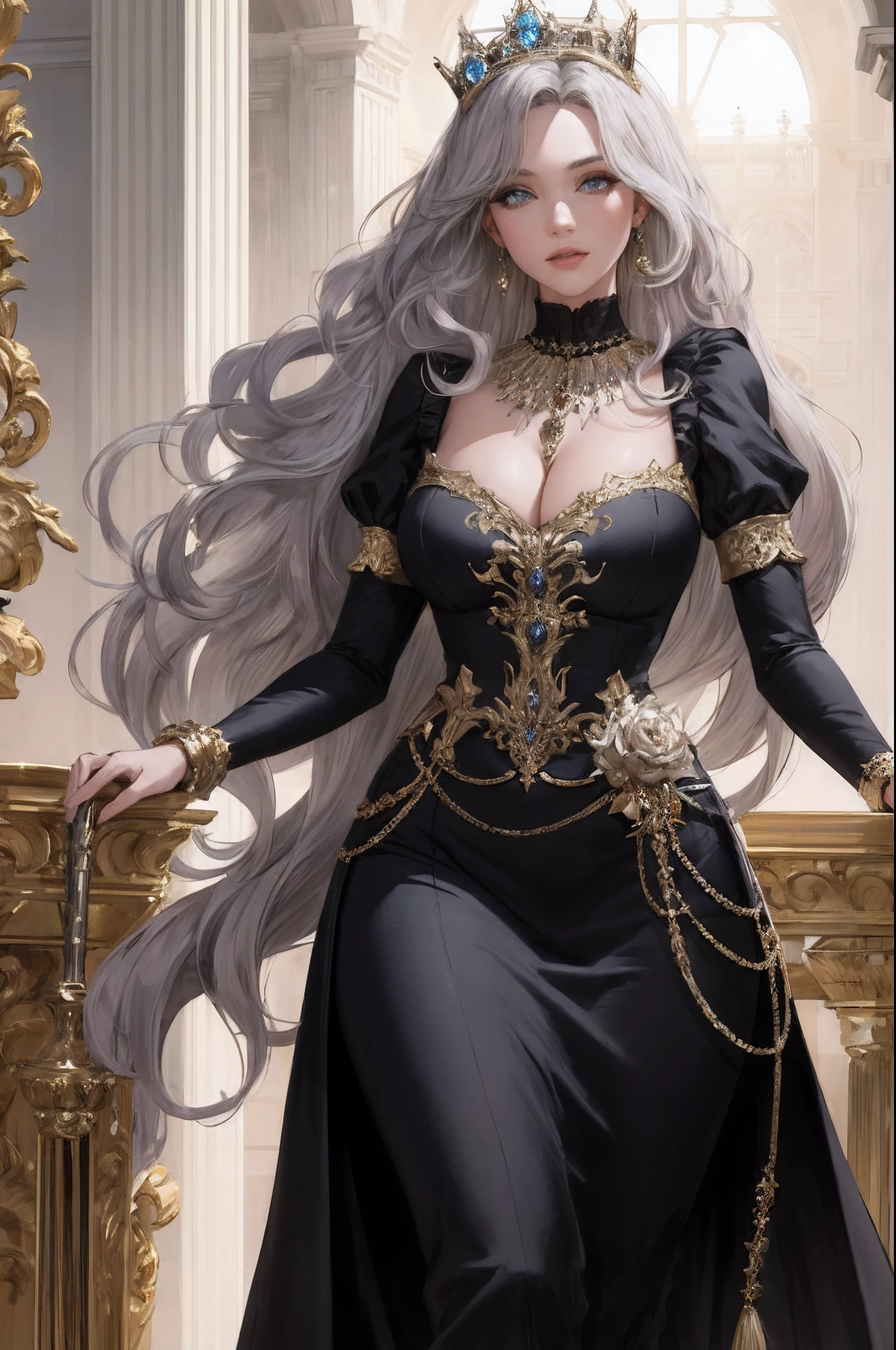 Sexy figure,a queen,Gorgeous costumes,Large breasts,Black laurels,Ruby gorgeous earrings and necklaces,sceptre,black long dress,Fair skin,Detailed pupils,Blue pupil,Incredibly ultra-detailed,stunningly realistic,Facial features of Nordic women,Look down on the audience with compassion,Long curly silver waves,Gorgeous English court,Dark light,grain sense,