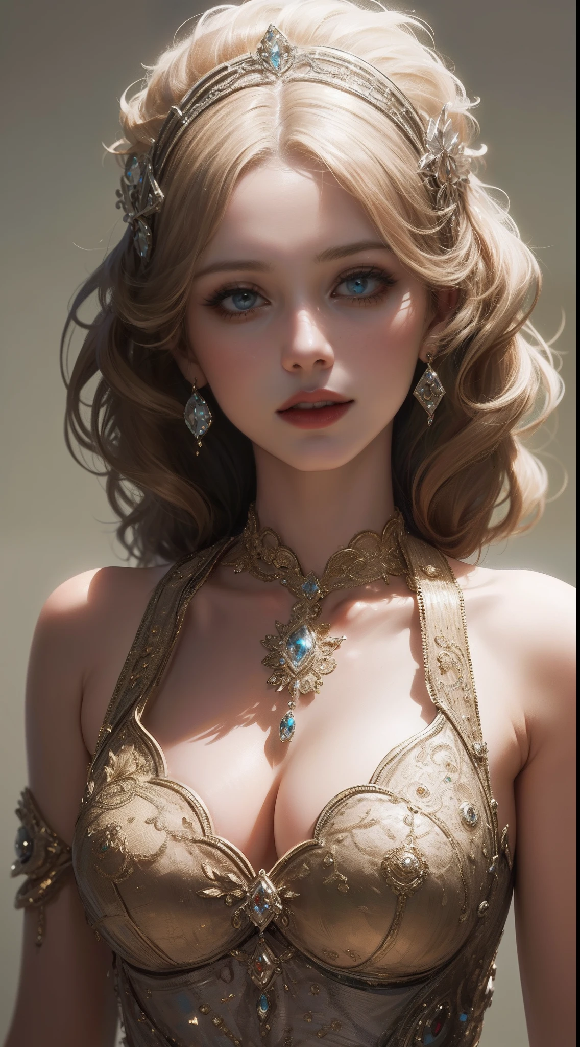 tmasterpiece,Highest high resolution,A bust of a beautiful royal maiden,Delicate braided hair,Coiled hair,Shining clear eyes,The hair is covered with beautiful and delicate floral craftsmanship, crystal、Diamond jewelry filigree,Ultra-detailed details,upscaled,softlighting。