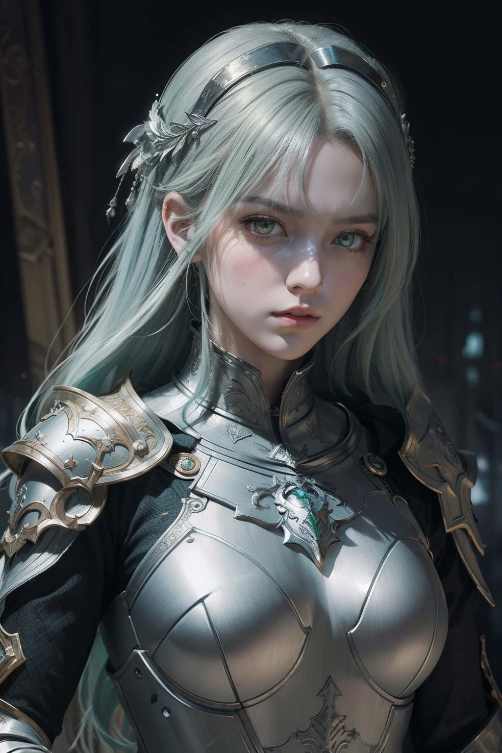 best quality,highly detailed,masterpiece,ultra-detailed,illustration,expressionless,indifference,yellow eyes,metal,{silver armor},extremely detailed CG unity 8k wallpaper,{anger},complex pattern,best quality,illustration,{1 girl},{masterpiece},green hair