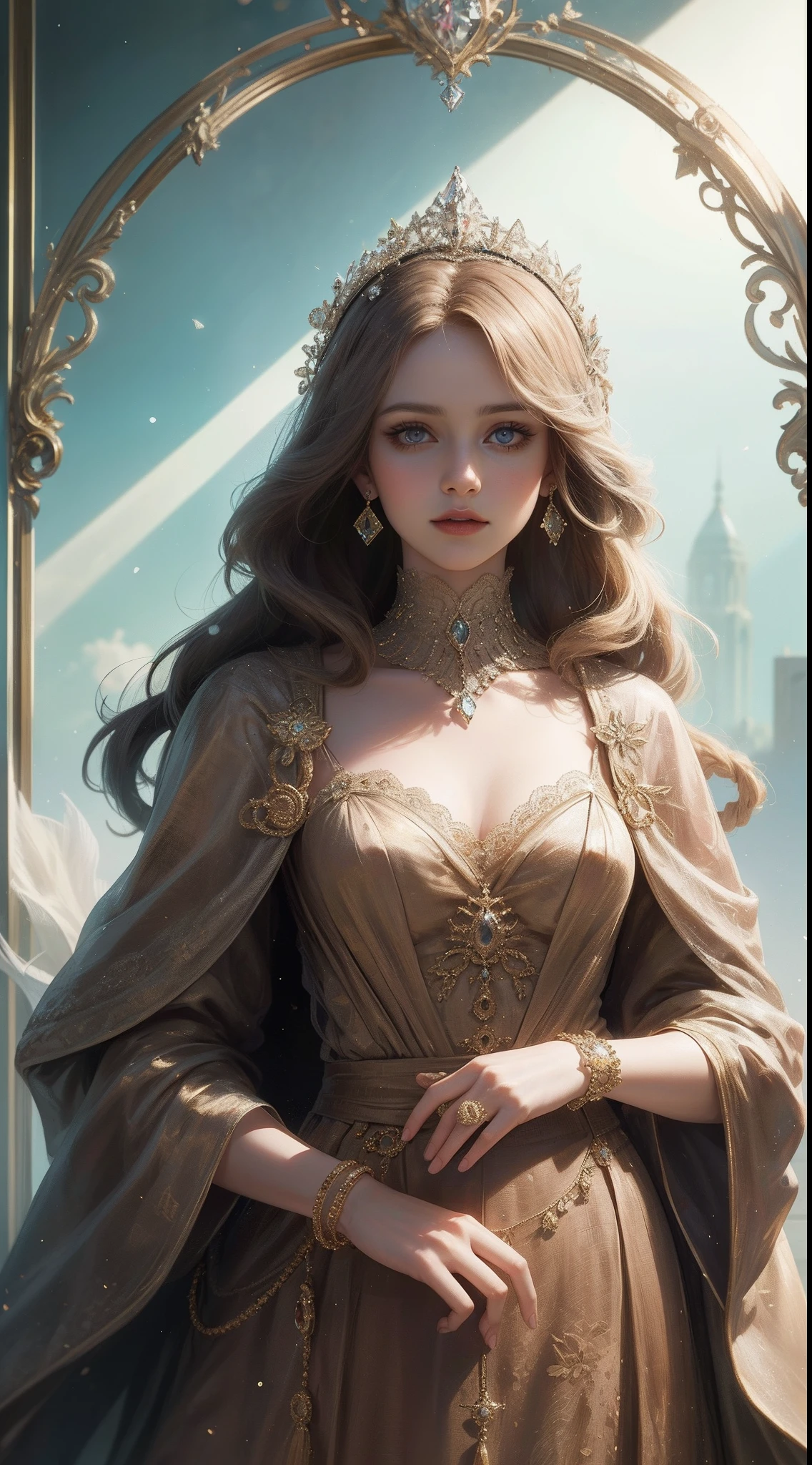 tmasterpiece，Highest high resolution，A bust of a beautiful royal maiden，Delicate braided hair，Coiled hair，Shining clear eyes，The hair is covered with beautiful and delicate floral craftsmanship, crystal、Diamond jewelry filigree，Ultra-detailed details，upscaled，softlighting。