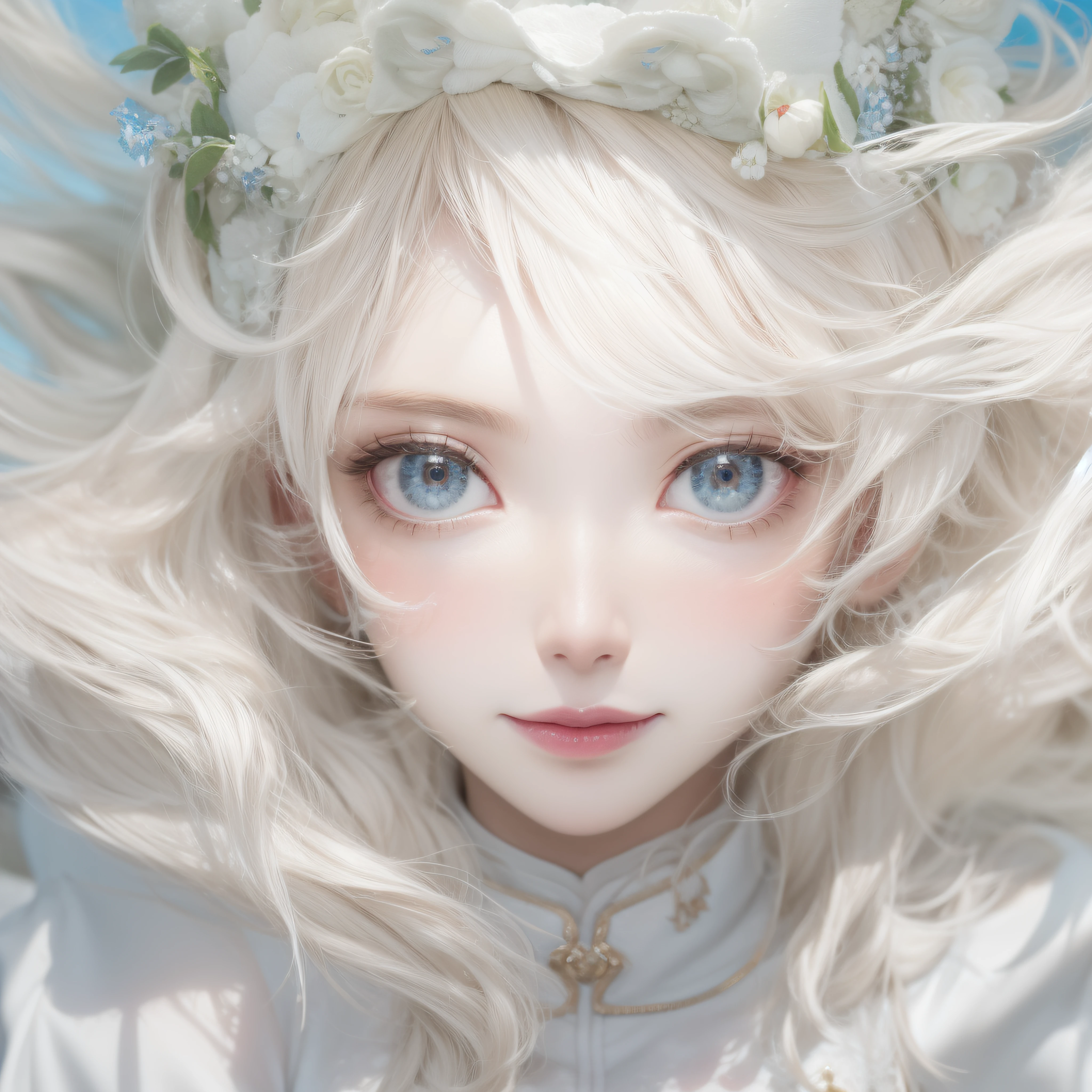 Close up of a smile with the corners of the mouth raised、White nurse、White nurse costume、White Cosplay、(realisitic、hight resolution)、(1 girl in)、Nurse、Do-Up Eye、Korean Girl、(Best Quality), (masutepiece), (1girl in), Solo, a beauty girl, Perfect face, Big Breast,dreamlikeart、Highly detailed airbrush art((Surreal))、Volumetric lighting、(top-quality)、The ultra-detailliert、(The composition of the movement:1.4)、Highly detailed colorful details、(Bright lighting)、dynamic compositions、Ray traching、The mirror reflects light、Shallow depth of field、ultra-detailliert、mixing exposure、nffsw、Her eyes are glowing white、Staring at the white sea。Her white face is、Full of expectations and courage for white nurses.、A smile appears on the lips of a white nurse。 At the rear、The sun is slowly tilting to the west。Its light brings white color to the surface of the sea、The swaying white waves create a beautiful scene。Her eyes shine clearly white。a lot of white color