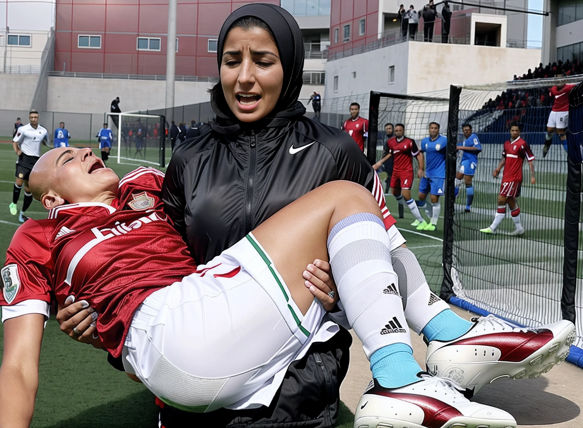 he is almost collapsing with pain, he is nearly fainting, she is holding him up, he is hanging on her shoulder, a muslim woman in a laquered puffy coat, a muslim woman with a shiny headscarf and a laquered downcoat, they are standing very close together, his hand is lying on her shoulder, arm-in-arm, she has her hand around his waist, she is wearing shiny leather pants, she is grabbing his waist, a shorthaired man in a matte tanktop and rough jeans, a shorthaired blond man in rough jeans, a muslim woman in shiny leather pants, a shorthaired blond man in a matte tanktop, a hijabi woman with a very desperate facial expression, a muslim woman in a high shine black down-coat, they are standing arm-in-arm, there is a headscarfed attractive woman wearing a high-shine down-coat, a wetlook puffer-coat, a muslim woman is crying with sorrow, a muslim woman is holding an injured shorthaired boy, there is a boy in rough jeans and a matte tanktop hugging a headscarfed woman that is wearing a very shiny padded laquered coat, a shorthaired blond boy has a painful face and cannot walk, there is a muslim woman giving support to an injured shorthaired boy, a wounded blond and shorthaired boy cannot walk and has to be supported by a woman with hijab, he grabs her shoulder, he has his arm around her shoulder, his hand is on her shouder, a sad looking hijabi woman ia carrying a wounded boy, masterpiece, jeans, boy in a matte cotton tanktop, super detailed background, detailed face, brown eyes, crying out, tears, desperation, pain, agony, accident pose, dramatic suffering pose, hands detailed hands, fingers:5, they are walking in the street together in the rain