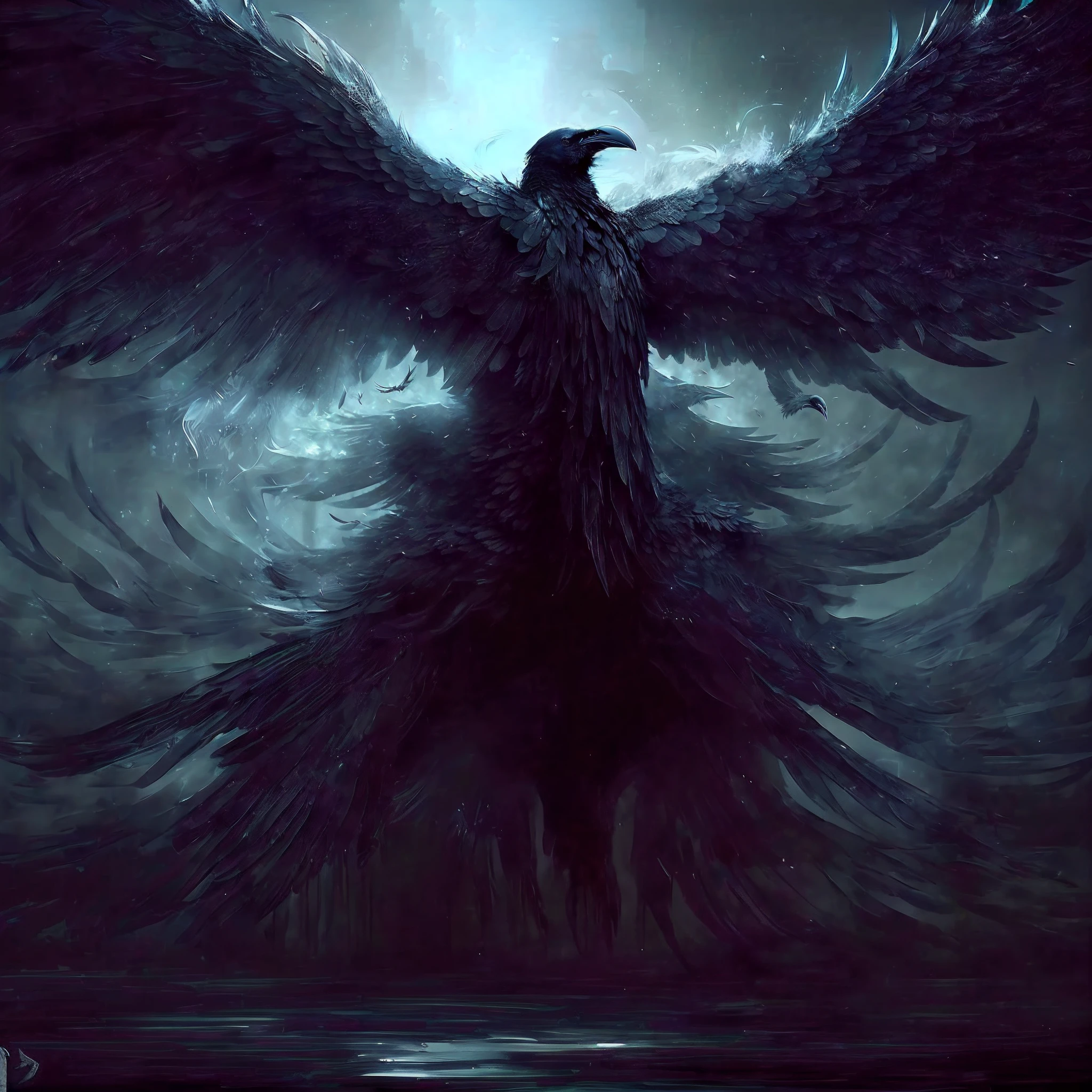 a black bird with wings spread out in the dark, dark feathered wings, black wings instead of arms, dark fantasy style art, raven wings, dark crow, dark fantasy digital art, wispy gigantic wings, dark fantasy art, fantasy dark art, raven monster, symmetrical epic fantasy art, dark fantasy artwork, in style of dark fantasy art