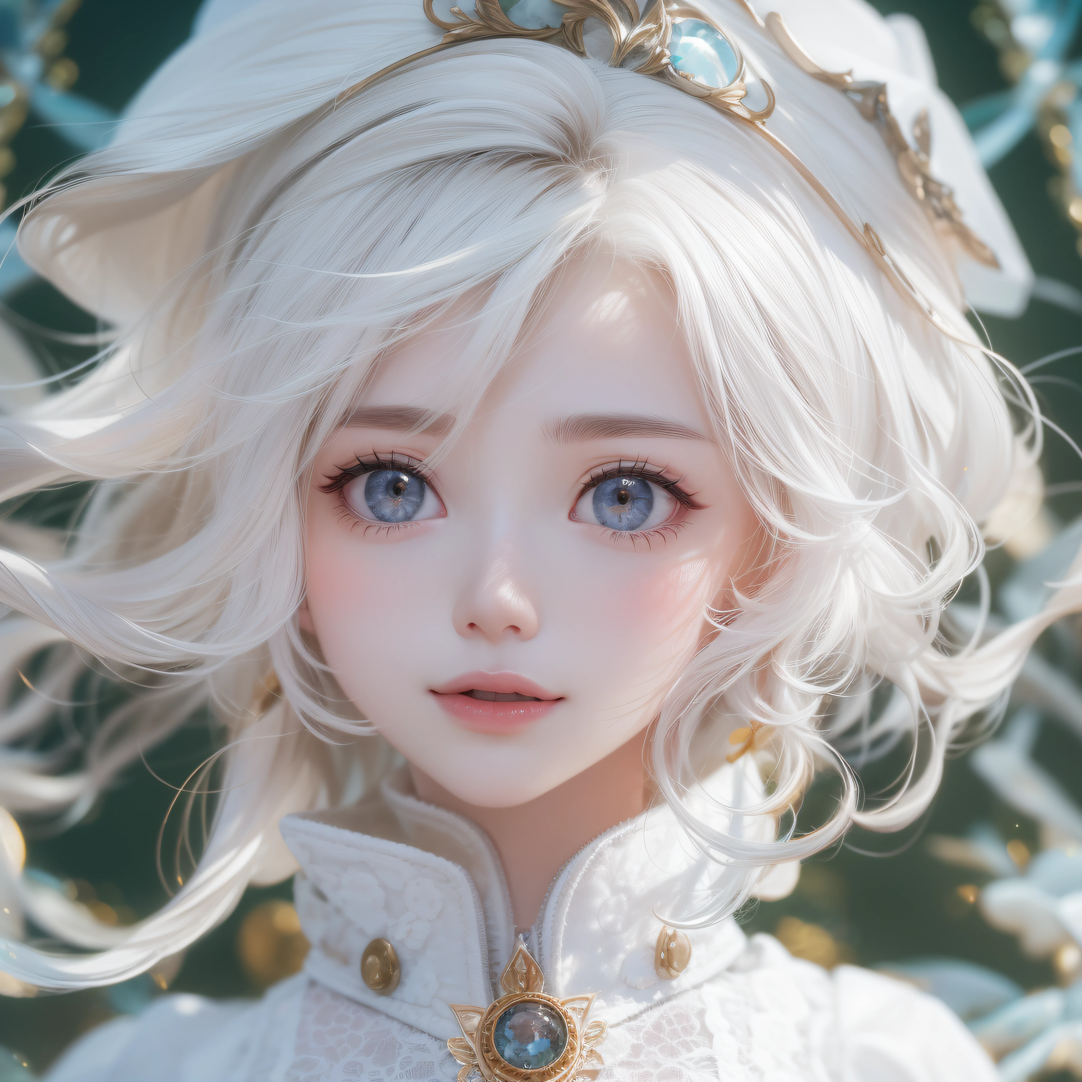 Close up of a smile with the corners of the mouth raised、White nurse、White nurse costume、White Cosplay、(realisitic、hight resolution)、(1 girl in)、Nurse、Do-Up Eye、Korean Girl、(Best Quality), (masutepiece), (1girl in), Solo, a beauty girl, Perfect face, Big Breast,dreamlikeart、Highly detailed airbrush art((Surreal))、Volumetric lighting、(top-quality)、The ultra-detailliert、(The composition of the movement:1.4)、Highly detailed colorful details、(Bright lighting)、dynamic compositions、Ray traching、The mirror reflects light、Shallow depth of field、ultra-detailliert、mixing  exposure、nffsw、Her eyes are glowing white、Staring at the white sea。Her white face is、Full of expectations and courage for white nurses.、A smile appears on the lips of a white nurse。 At the rear、The sun is slowly tilting to the west。Its light brings white color to the surface of the sea、The swaying white waves create a beautiful scene。Her eyes shine clearly white。a lot of white color