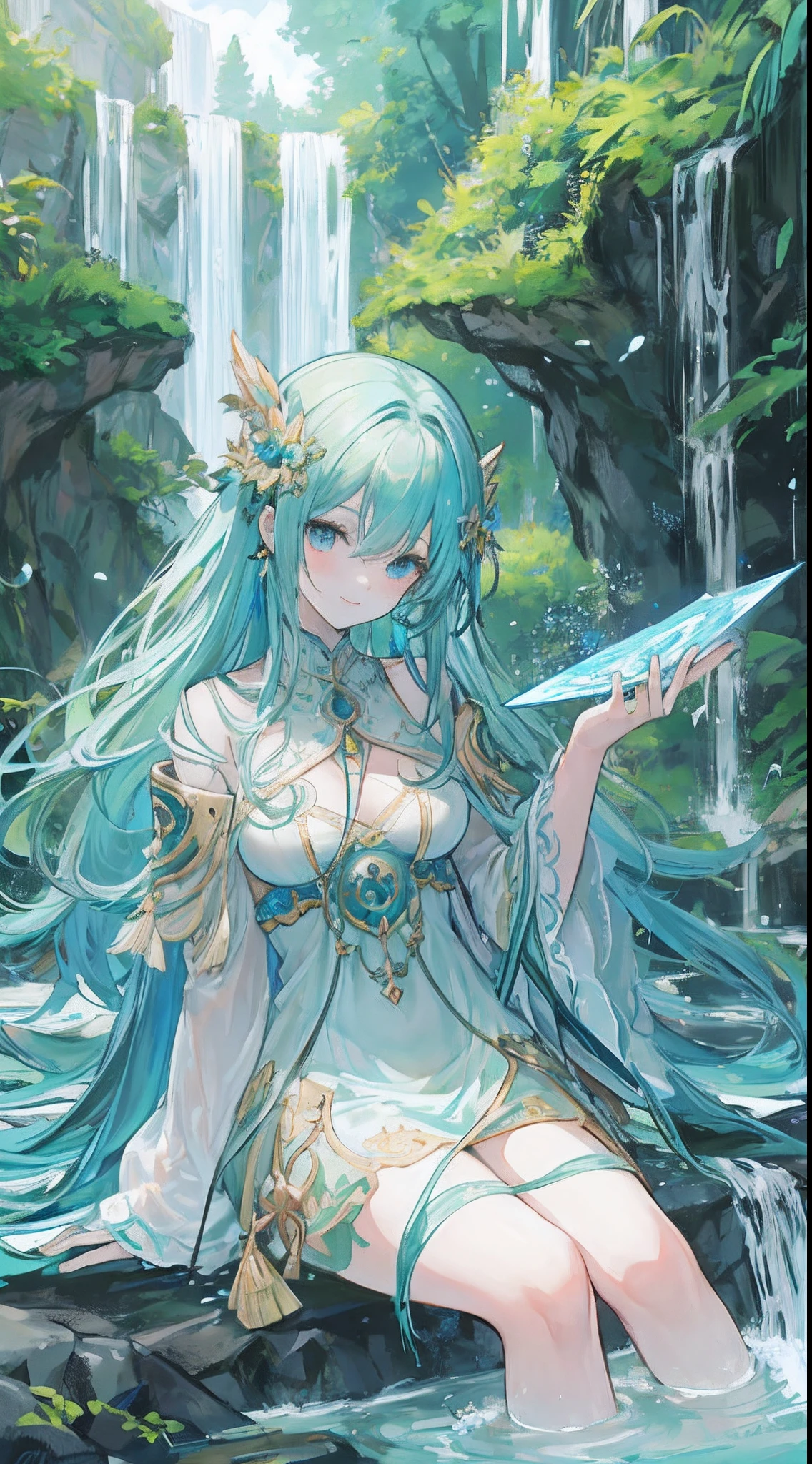 A goddess of fertility green-vibrant tied flowing hair, and blue charming eyes, she smiled beautifully and charmingly, she sat near the waterfall, make it like tarot card anime-style but no frame.