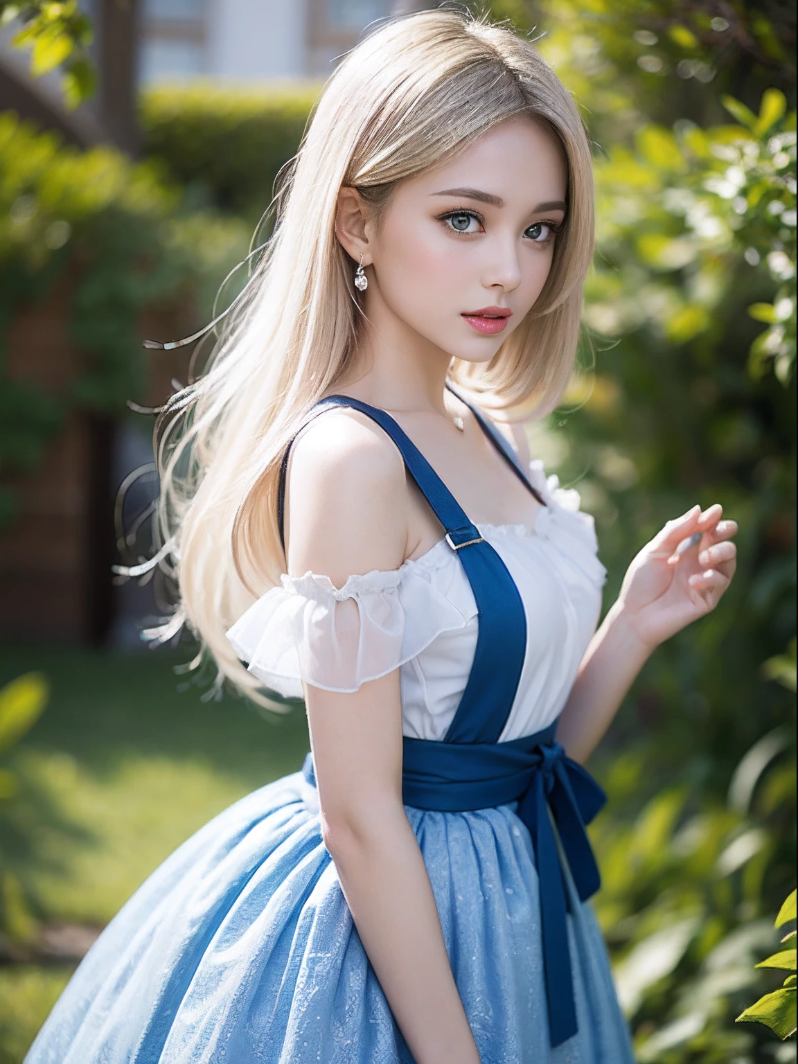 portlate、Alice in Wonderland、Blue sky、Bright and very beautiful face、Young shiny shiny white shiny skin、Best Looks、Platinum blonde hair with dazzling highlights、finer hair、beautiful long back hair that is very straight,,,,,,,,、Super long silky straight hair、Beautiful bangs that shine、Glowing crystal clear big blue eyes、very beautiful nice beautiful girl、White Apron、Blue Dress