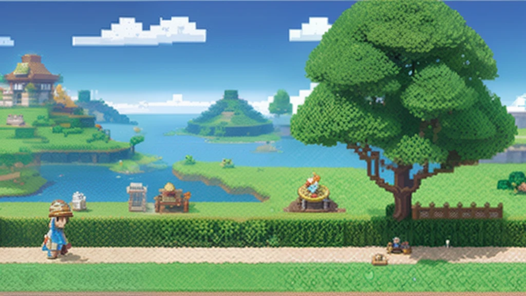 鸟山明风格，Flat pixel games《dragon quest》，Game scene design，（a paradise：1.4），16-bit pixels