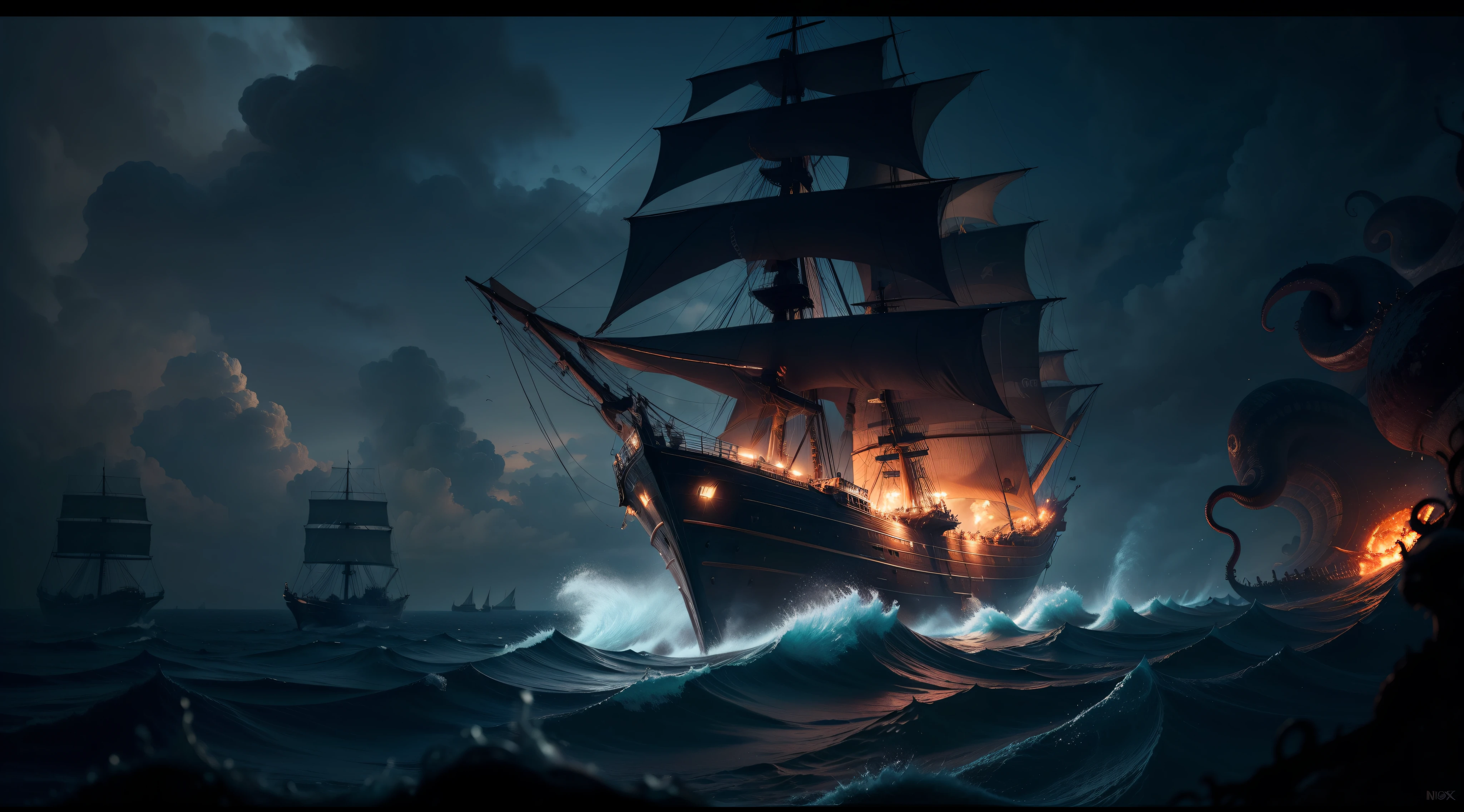 Navio em alto mar ondas furiosas, noite escura e sombria, large tentacles attacking the ship, estilo jogo de terror, evil, 8k, maximum detailed, alta qualidade