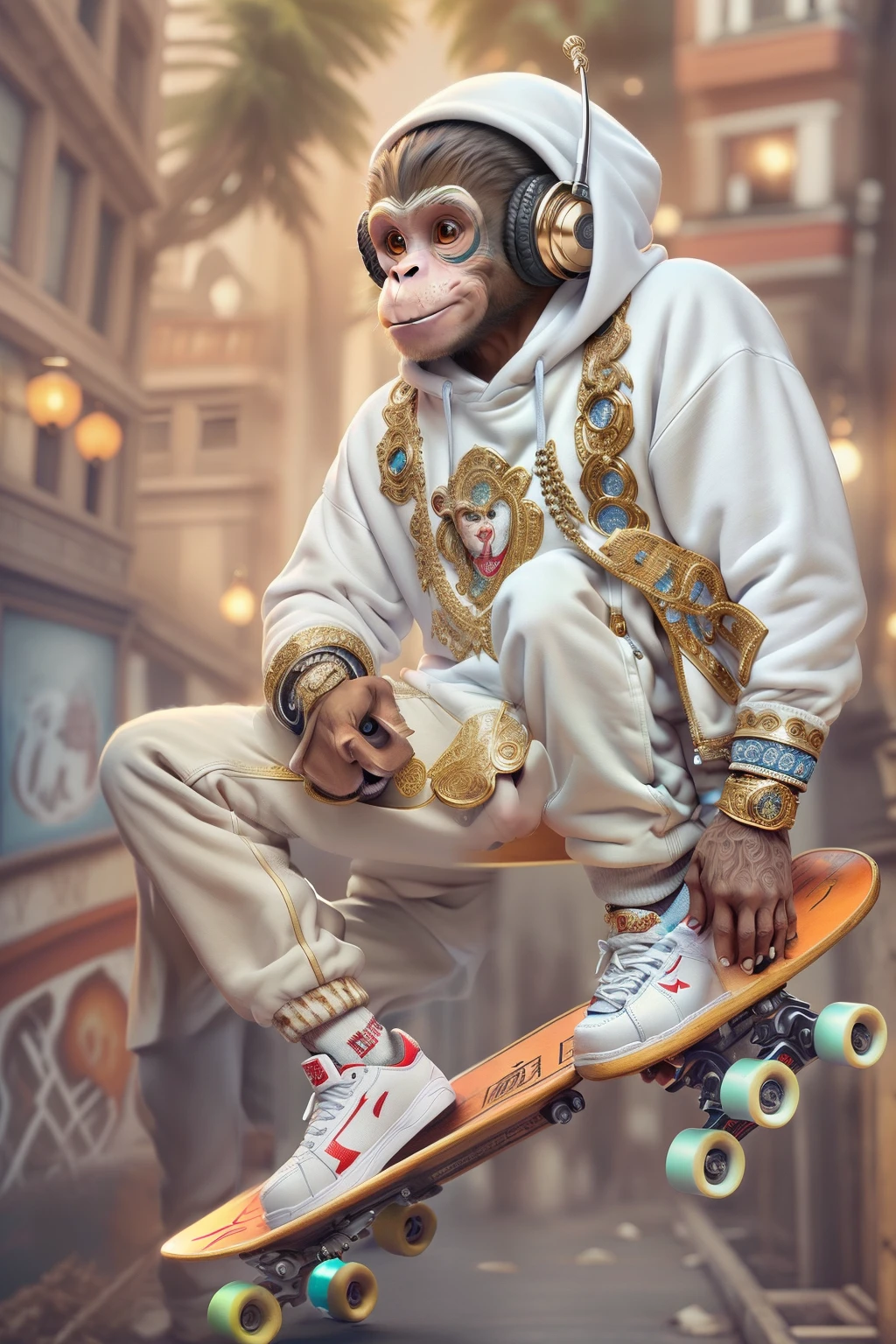 ((tmasterpiece)), Anthropomorphic humanoid monkey wearing a white sweatshirt, Cool expression,Hip-hop costumes,Headsets, Skateboard shoes,Intricate details of skateboarding,fit-muscled body, Muscular arms, gentle illumination, 32K, Ultra photo realsisim, Background details are exquisite,The scene is surreal,Create engaging graphic styles