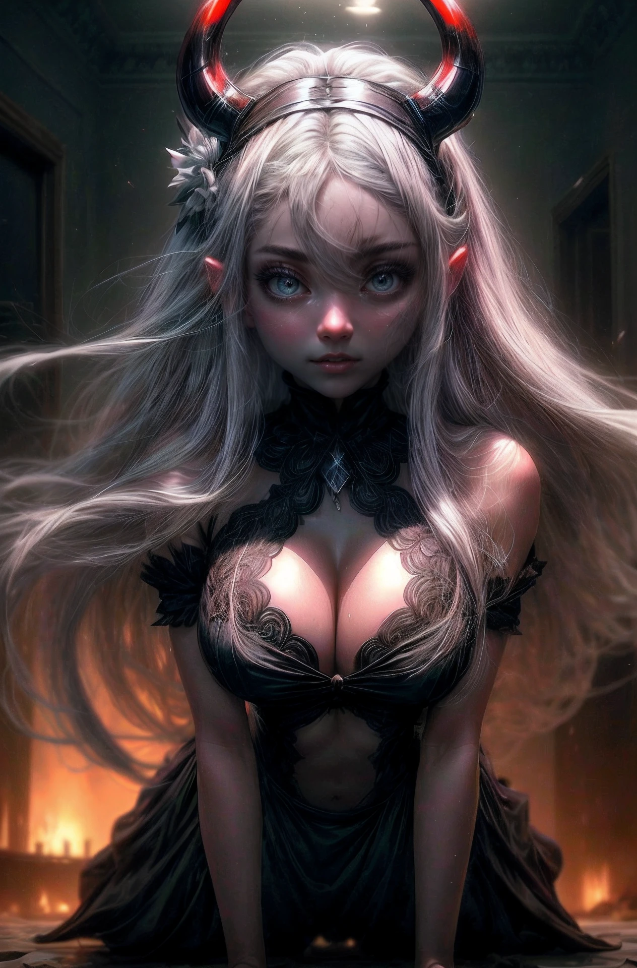 Amidst a surreal scene, a figure stands with unique and striking features. Their white hair cascades down, glistening with moisture, forming a mesmerizing hair bikini, revealing inner hair of vivid colors. Atop their head sits a maid headdress, a nod to tradition. Strikingly contrasting the innocence, demon horns emerge, asserting a celestial and infernal connection. Their pupils are a captivating paradox, mismatched with devil pupils, displaying both light and darkness, red as embers . As god rays illuminate the silhouette from the side, an enigmatic presence is unveiled, one that seems to transcend both mortal and ethereal realms. Beautiful cleavage revealing itself underneath her clothes. Perfect body, squished boobs crawling, on all fours on bed