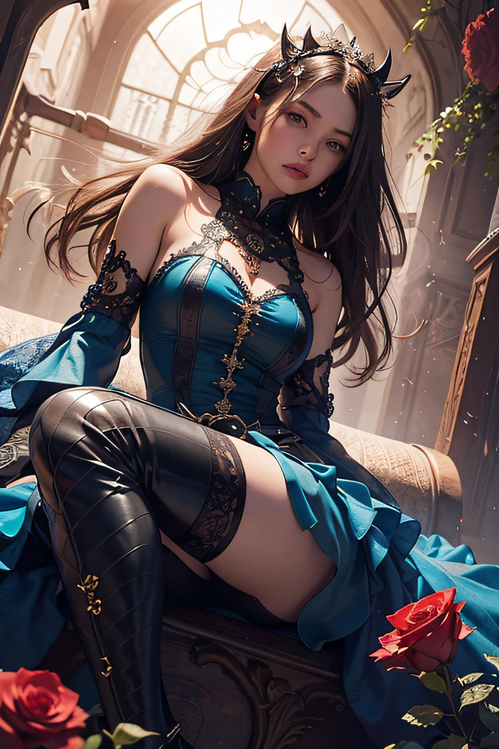 8K,Masterpiece,One woman,On the bed,lie down,arms up,白いpanties,Fantasy otherworldly character ,(legs wide open),8K,Masterpiece,(One woman),panties,Female pirate crew member,(female knight),Medium Hair,blue eyes, Realistic, Sci-fi fantasy,Game characters,Slender figure,Small breasts,Cleavage,Separate outfits,steampunk,White costume,Pirates of the Caribbean,Pirate costumes,Color variations,
