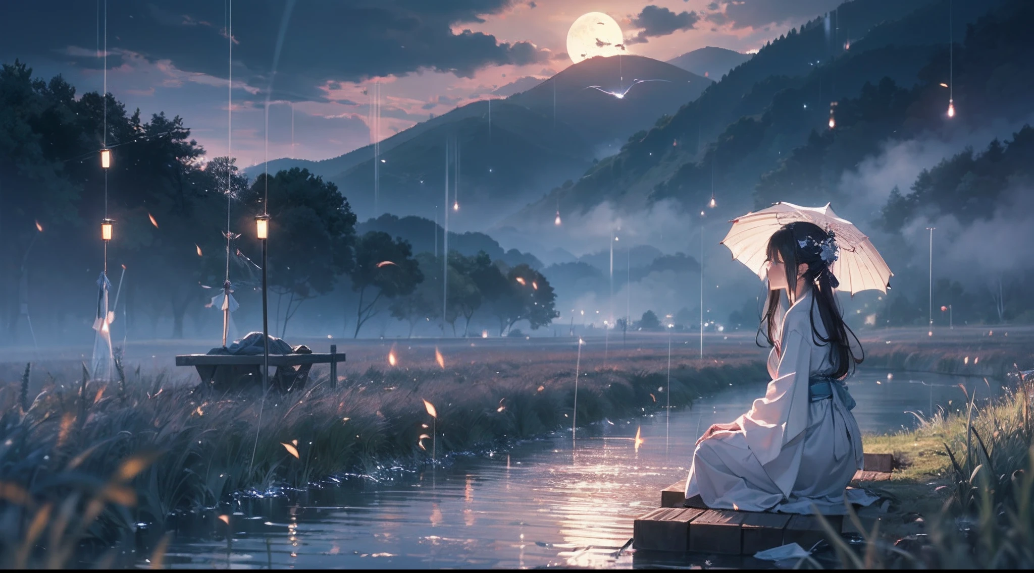 Masterpiece, illusion, Highest Quality, natta, Cloudy night, Oborotsuki, ((Fireflies)), ((countryside)), (countryside), River surface, Adult woman wearing a yukata, Heavy evening fog, Flowing evening fog, dry ice, thick fog, confession, regret, loneliness, Long black hair, Hair luster, after the rain, Whole body, Overhead, Sync Lantern, sorrow, separation, reminiscence, thought