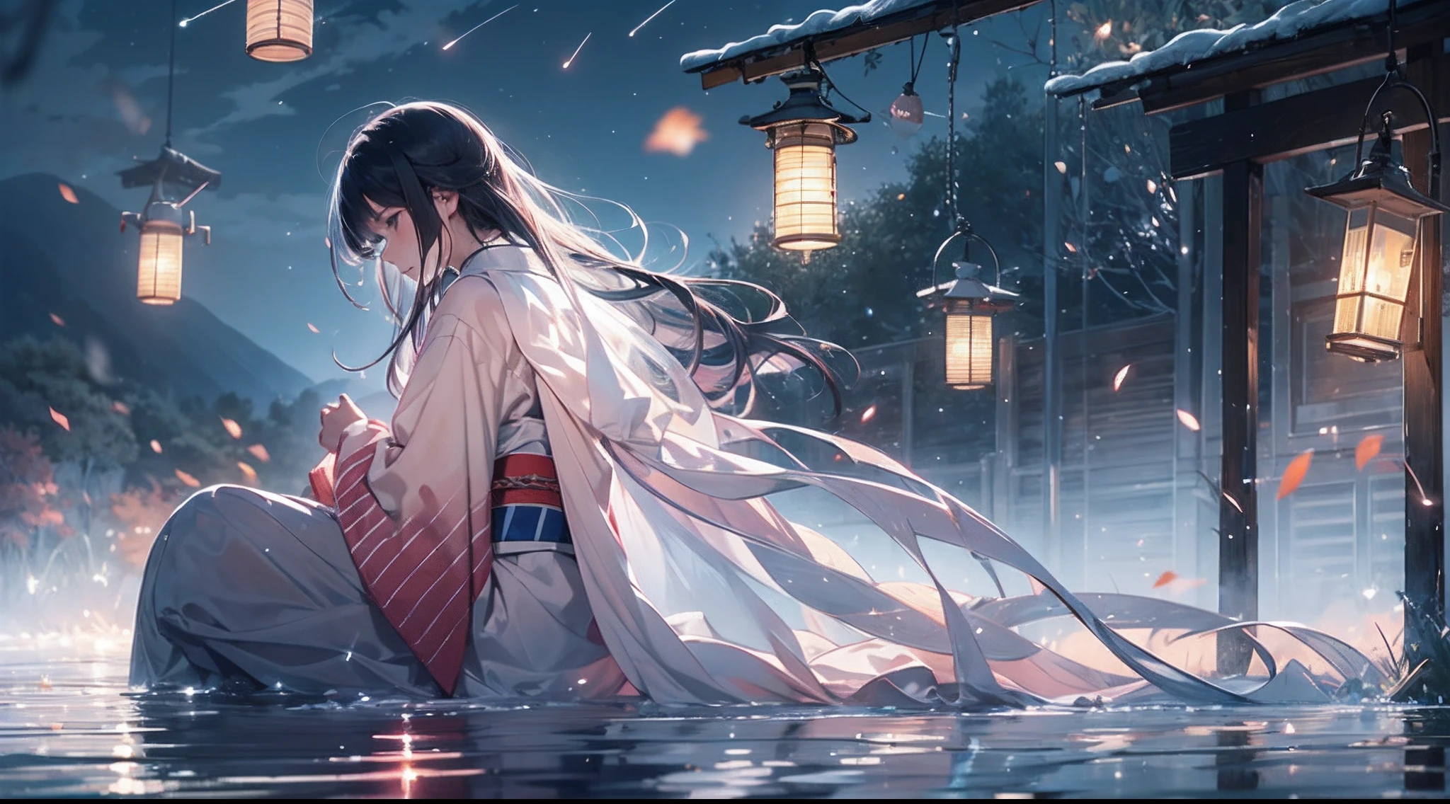 Masterpiece, illusion, Highest Quality, natta, Cloudy night, Oborotsuki, ((Fireflies)), ((countryside)), (countryside), River surface, Adult woman wearing a yukata, Heavy evening fog, Flowing evening fog, dry ice, thick fog, confession, regret, loneliness, Long black hair, Hair luster, after the rain, Whole body, Overhead, Sync Lantern, sorrow, separation, reminiscence, thought