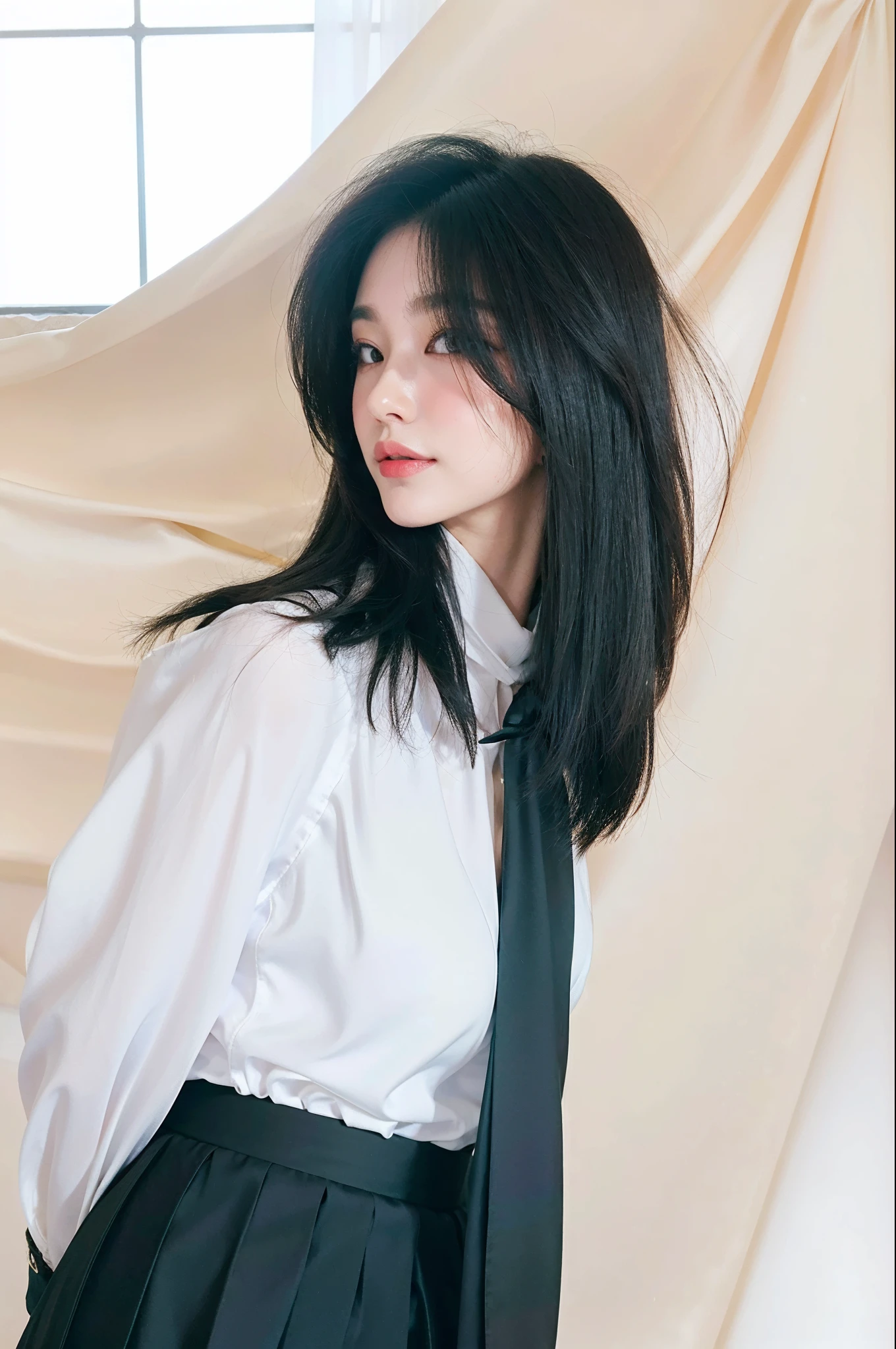 (((Medium hair))), best qualtiy, 8K, hdr, A high resolution, absurderes:1.2, blur backgroun, Background bokeh:1.2, photography of, (RAW photo:1.2), (真实感:1.4), (Masterpiece:1.3), (complexdetails:1.2), 1girll, 独奏, japanaese girl, delicated, Beautiful detailed, (Delicate double eyelids), (Detailed facial features), Bigboobs, (((Large breasts))), Skin Firm, (Looking_at_peeping at the viewer), From_Front, (being thin),(best qualtiy:1.4),(超A high resolution:1.2),cinematic lighitnglamplight,(Extremely detailed illustration),(Gloss on lips,best qualtiy,超A high resolution,depth of fields,Caustics,Extensive illumination,naturalshadow,85mm, f/1.4, iso 200, 1/160s:0.75),1girll, Solo, (((Silk vest))) Smile, ((silk garment,pleatedskirt,Classroom))
