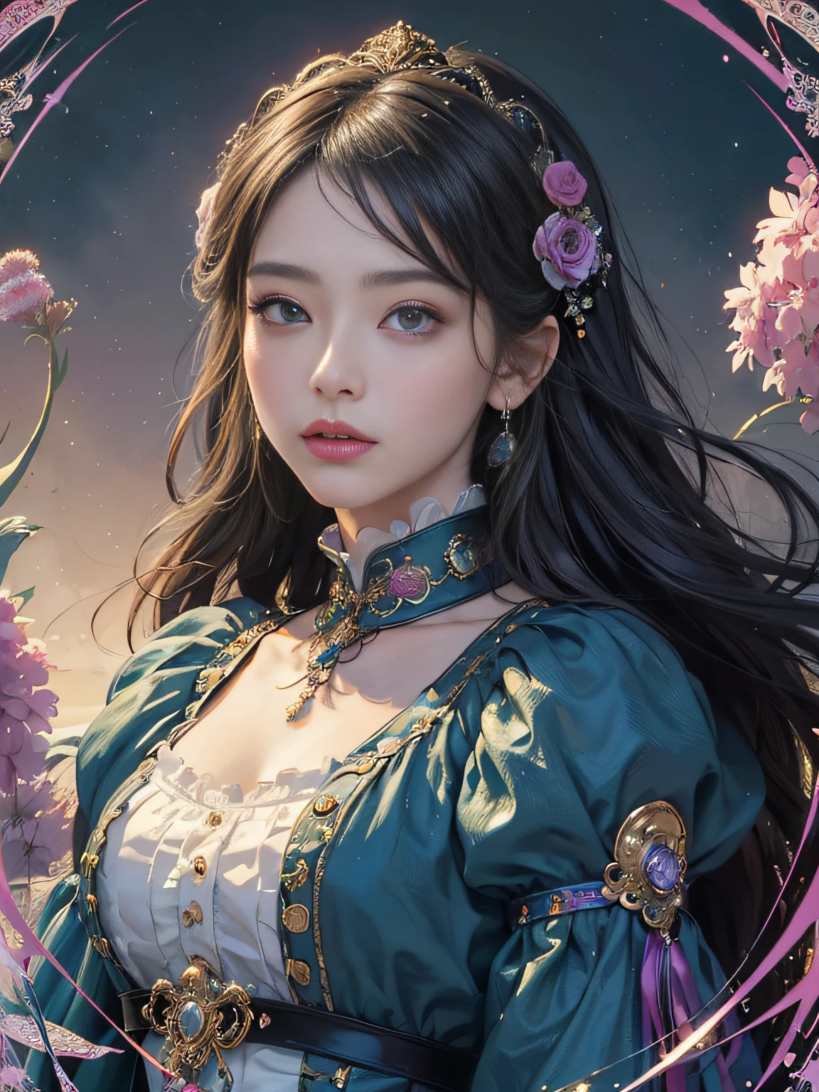 (tmasterpiece、top-quality、top-quality、Detailed and complex、offcial art、aestheticly pleasing:1.3)、(1girl in:1.3)、(Fractal art:1.3)、Extremely colorful、Vivid、Victorian clothes