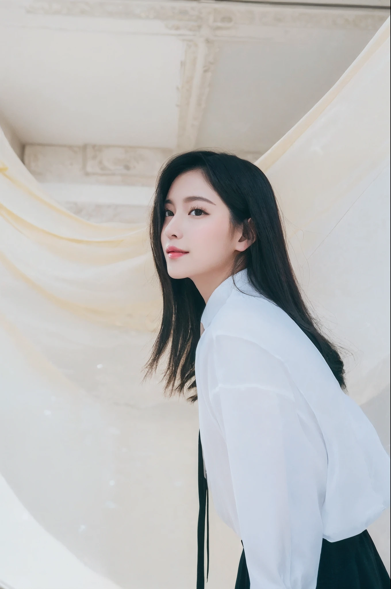 (8K, RAW photo, Photorealistic:1.25) ,( Gloss on lips,glossy finish, Glossy glossy skin, Best quality, 超A high resolution, color difference, Caustics, Wide light, naturalshadow) look with serenity and goddess-like bliss to the spectators,(depth of fields:1.6), (colorful unfocused lights on background:1.2) ,very natural make-up,Cloudy day shooting ，Large breasts，slender eyes.downcast eyes. A distant look in her eyes、（Smile:2）Smile，(Gorgeous summer dress)(Fashion professional model)、Radio City、Medium hair
