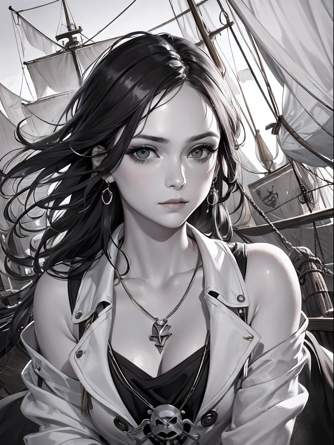 masterpiece、top-quality、hight resolution、High-quality images、8K、1maidennurse、detaileds、Detailed eye depiction、skin gloss、shinny hair、Monochrome grayscale、cabelos preto e longos、Soft hair、Lisa、portlate、Pirate Ship、treasure map、Jim Hawkins