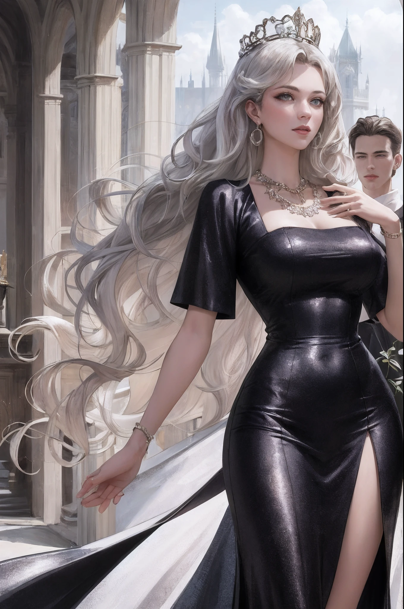 Sexy figure,a queen,Gorgeous costumes,Large breasts,Black laurels,Ruby gorgeous earrings and necklaces,sceptre,black long dress,Fair skin,Detailed pupils,Blue pupil,Incredibly ultra-detailed,stunningly realistic,Facial features of Nordic women,Look down on the audience with compassion,Long curly silver waves,Gorgeous English court,Dark light,grain sense,