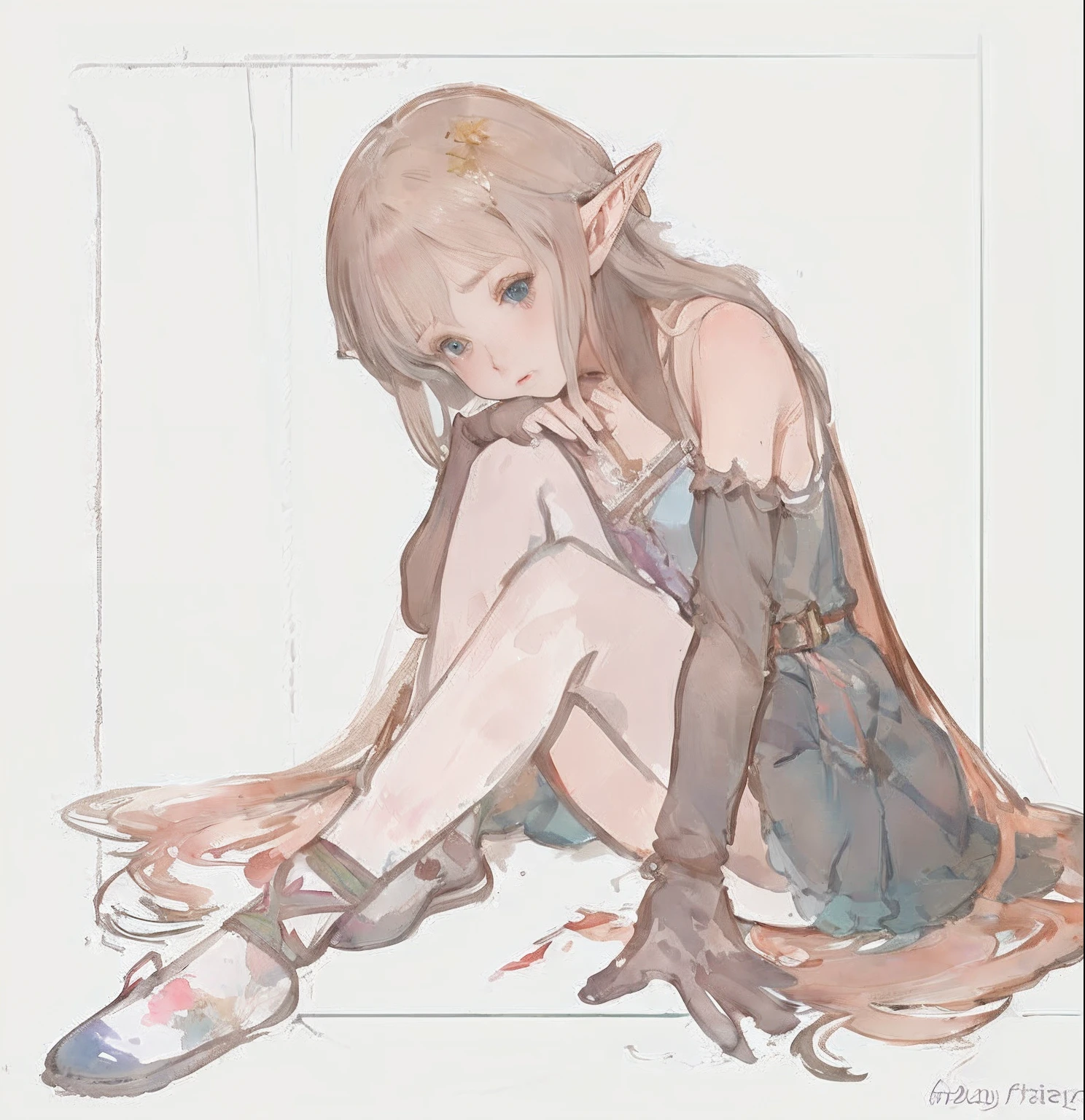 ((ultra - detailed),Watercolor pattern in calm colors),(Watercolor texture), ((1girll),long whitr hair,adolable),Elf beautiful girl,quadratic element,Beautiful girl sitting on the ground