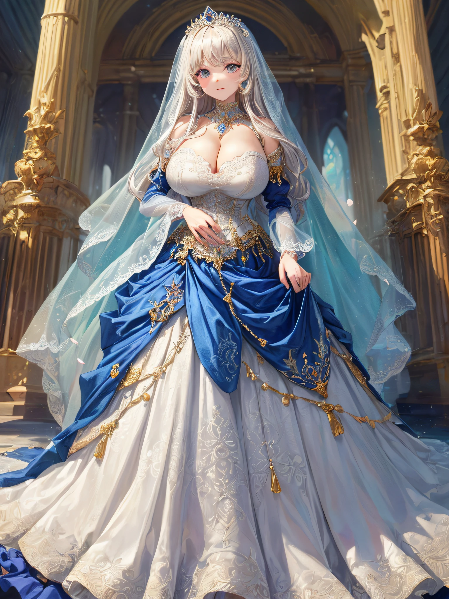 (masterpiece, best quality,extremely detailed,moe anime art style:1.2),1girl, (solo), cute, kawaii,digital art,((1 bling-bling anime princess wearing beautiful embroidery and jeweled gorgeous princess ballgown with voluminous full length hoop skirt)),((crinoline)),long train,voluminous frills,(gorgeous embroidery and beautiful lace),(very gigantic boobs,cleavage,skindentation),((shiny hair,absurdly voluminous straight hair,absurdly Long Hair)),(finely detailed face and eye),clear pupil,(bling-bling gorgeousfull jeweled big tiara),((bling-bling gorgeous gemstone jewelry)),long veil,((standing in beautiful garden)),flowers,flower petals flowing,standing pose,(dynamic angle),((beautiful embroidery and jeweled gorgeous princess ballgown with voluminous full length hoop skirt))