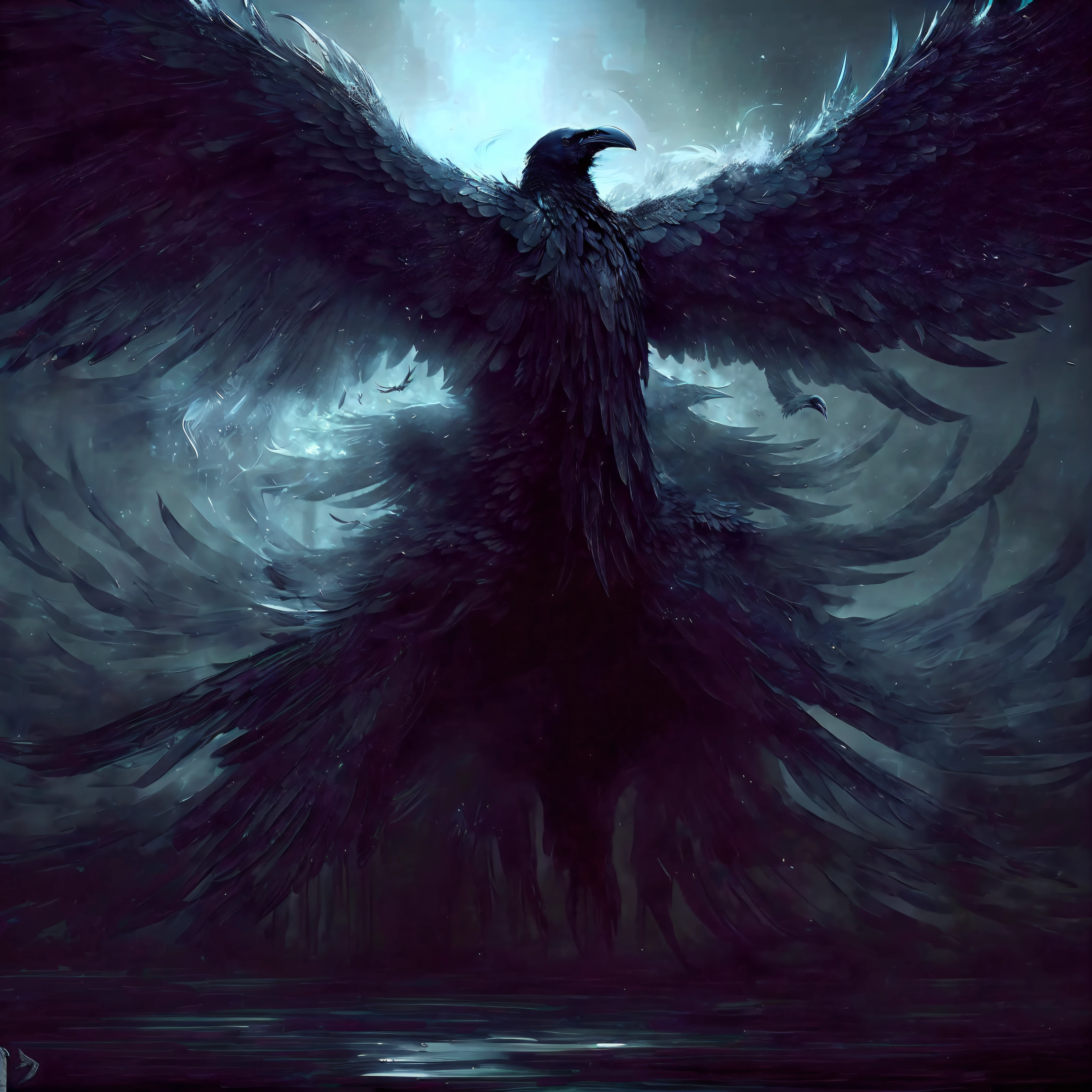 a black bird with wings spread out in the dark, dark feathered wings, black wings instead of arms, dark fantasy style art, raven wings, dark crow, dark fantasy digital art, wispy gigantic wings, dark fantasy art, fantasy dark art, raven monster, symmetrical epic fantasy art, dark fantasy artwork, in style of dark fantasy art