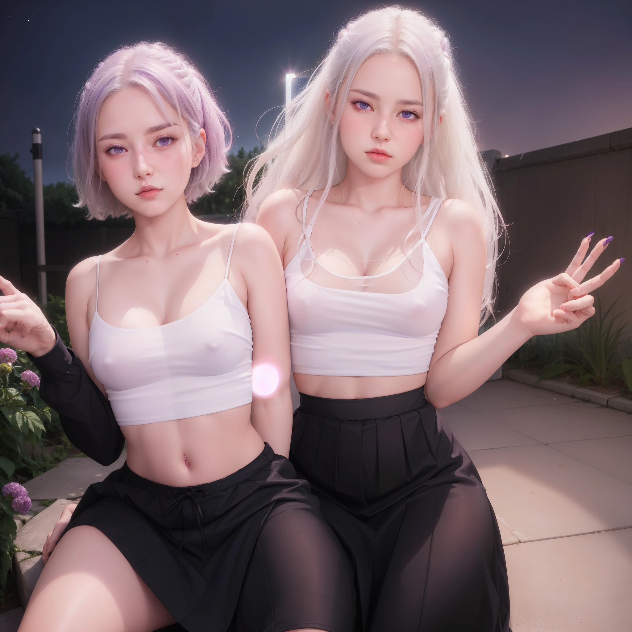 realistic, 1girl, white hair, purple eyes, glowing eyes, crop top, skirt, parted lips, blush, night, flowers, sun, sunlight,