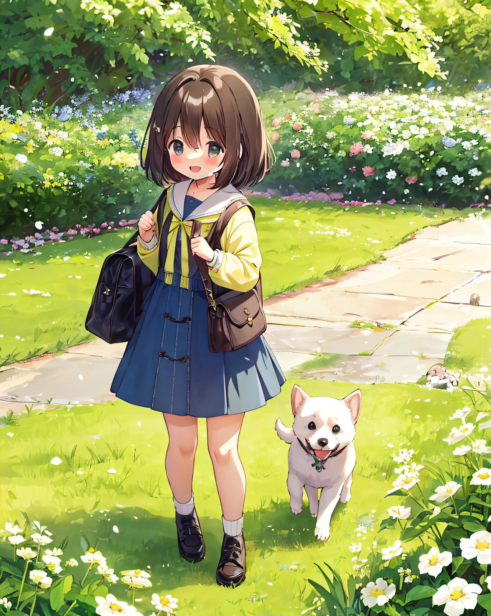 high resolution,professional lighting,Uma garotinha incrivelmente charmosa carregando uma mochila,accompanied by her adorable puppy,desfrutando de um lindo passeio de primavera cercado por belas flores amarelas e paisagens naturais,master part,best quality, (Feliz:1.4)