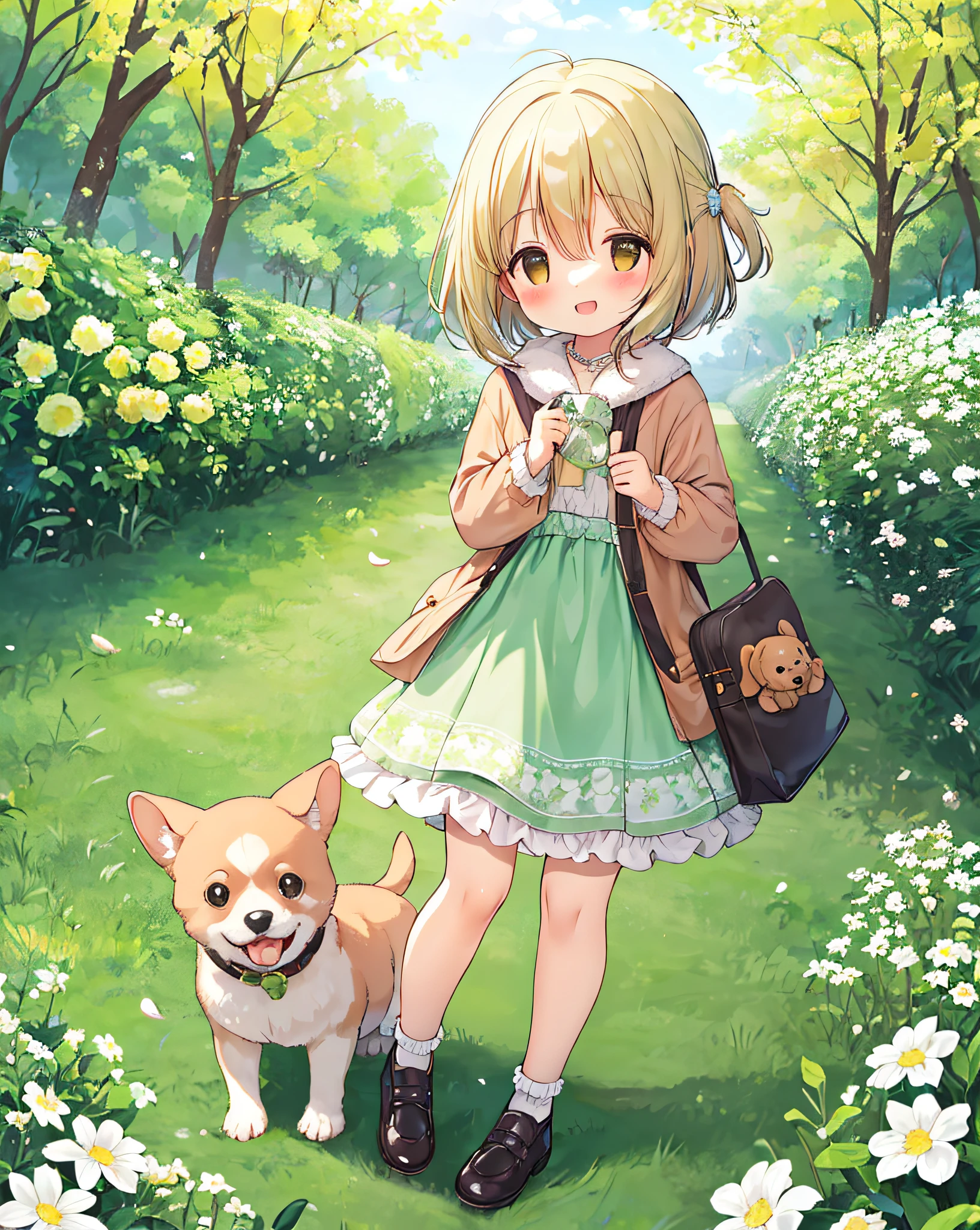 high resolution,professional lighting,Uma garotinha incrivelmente charmosa carregando uma mochila,accompanied by her adorable puppy,desfrutando de um lindo passeio de primavera cercado por belas flores amarelas e paisagens naturais,master part,best quality, (Feliz:1.4)