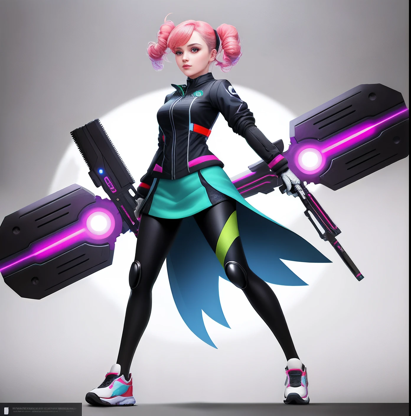 A cute Lady, wearing technocrat colourful clothes, masterpiece artwork, full body view, holding a modern machinery weapon, 8k resolution art style, dynamic postures.