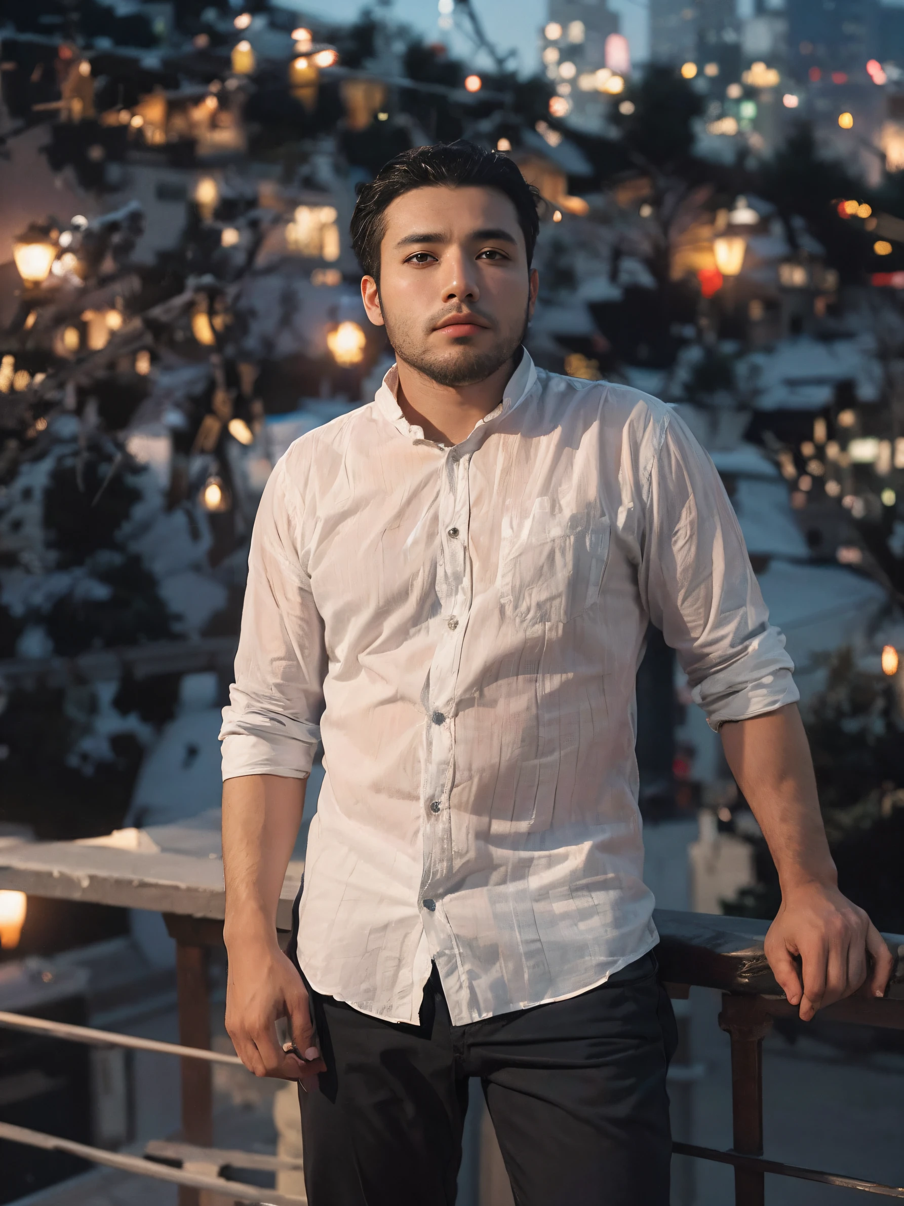 "Stunning quality, absolute masterpiece, incredibly high res, photorealistic portrait of a young, attractive man with captivating black hair against a mesmerizing night city backdrop."