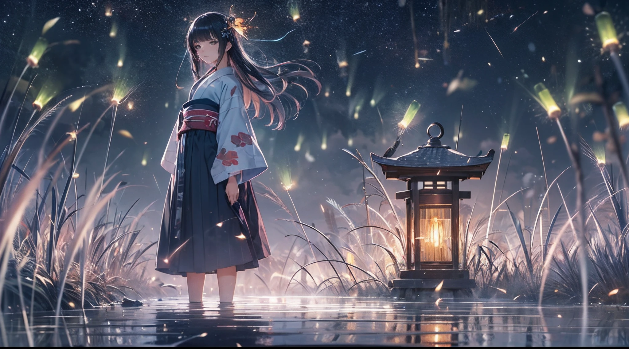 Masterpiece, illusion, Highest Quality, natta, Cloudy night, Oborotsuki, ((Fireflies)), ((countryside)), (countryside), River surface, Adult woman wearing a yukata, Heavy evening fog, Flowing evening fog, dry ice, thick fog, confession, regret, loneliness, Long black hair, Hair luster, after the rain, Whole body, Overhead, Sync Lantern, sorrow, separation, reminiscence, thought