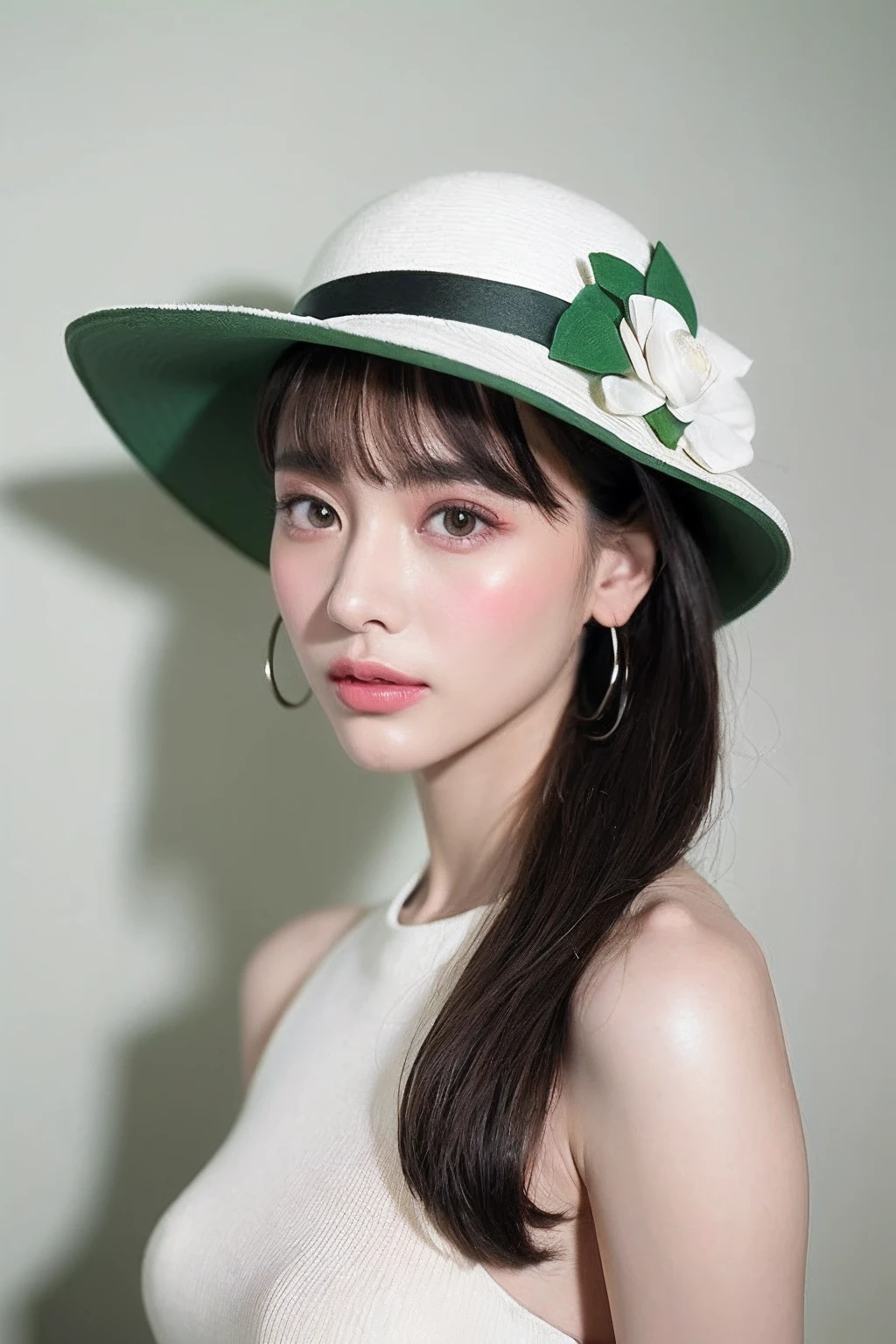 (extra detailed body、extra detailed face、best qualtiy:1.2)、femele、looking at the viewers、(Wantastico fashion in green, black and pink、fashionshow、large hat、)、(Cream wall chaos on background:1.4)