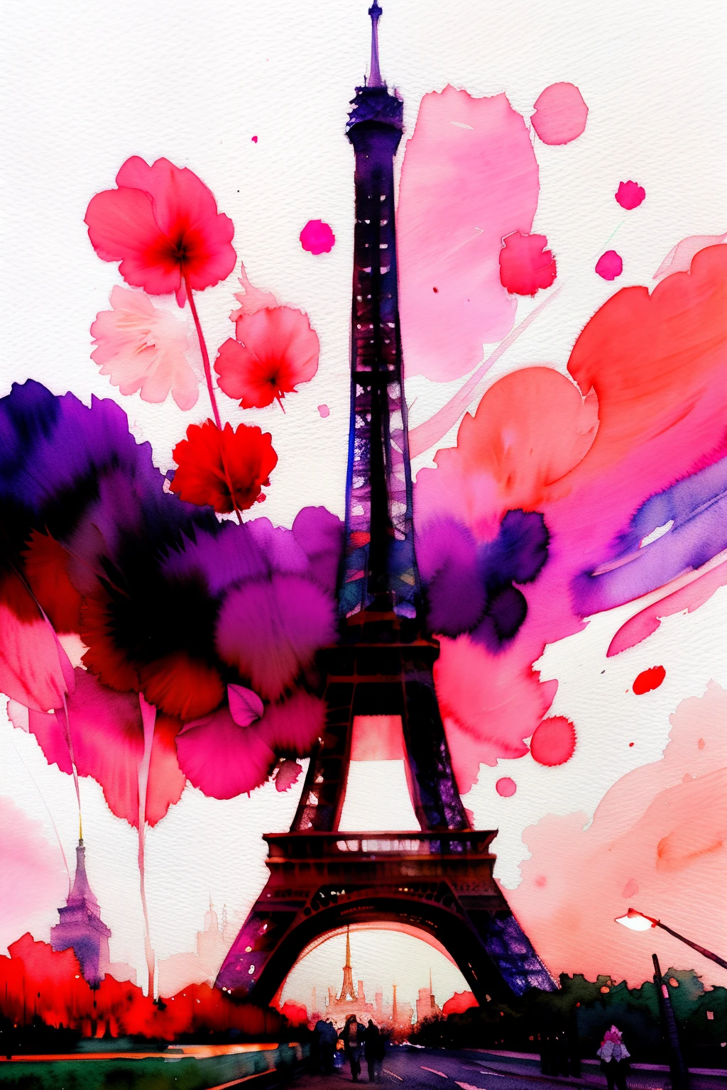 wtrcolor style, (rose) digital art, official art, drifting in the wind, masterpiece, beautiful, ((watercolor)), paint splash, intricate details. Very detailed, [dripping:0.7], trends on Artstation, Rachel Walker, Chinese woman, single eyelids, small eyes, soft looks. Behind it is the Eiffel Tower in Paris.