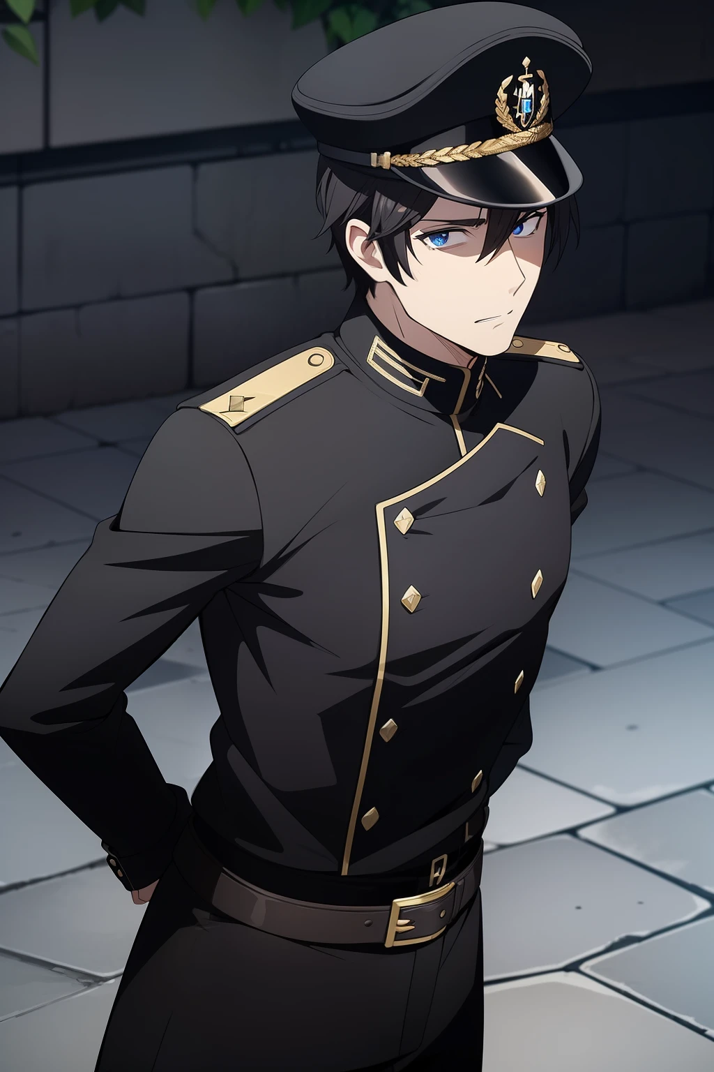 He had Dark hair , blue eyes , He had medium build , He was wearing A german style black Marshall unifrom ,a german style black Marshall Cap , standing strong as his arms at his back