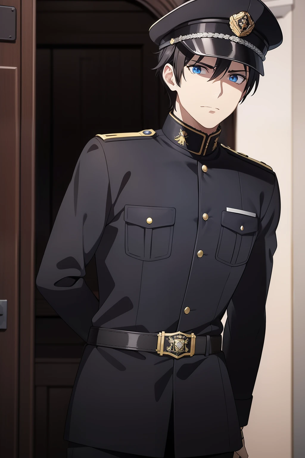 He had Dark hair , blue eyes , He had medium build , He was wearing A german style black Marshall unifrom ,a german style black Marshall Cap , standing strong as his arms at his back